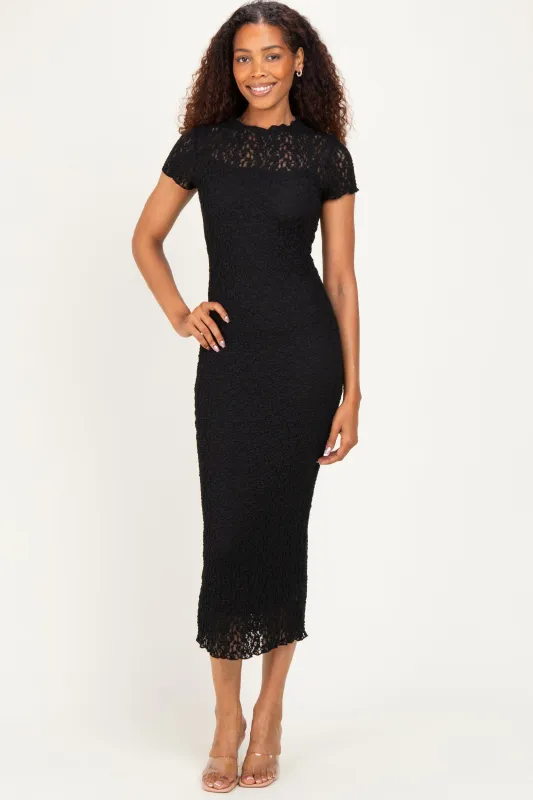 Black Sheer Lace Overlay Short Sleeve Midi Dress made by Pinkblush