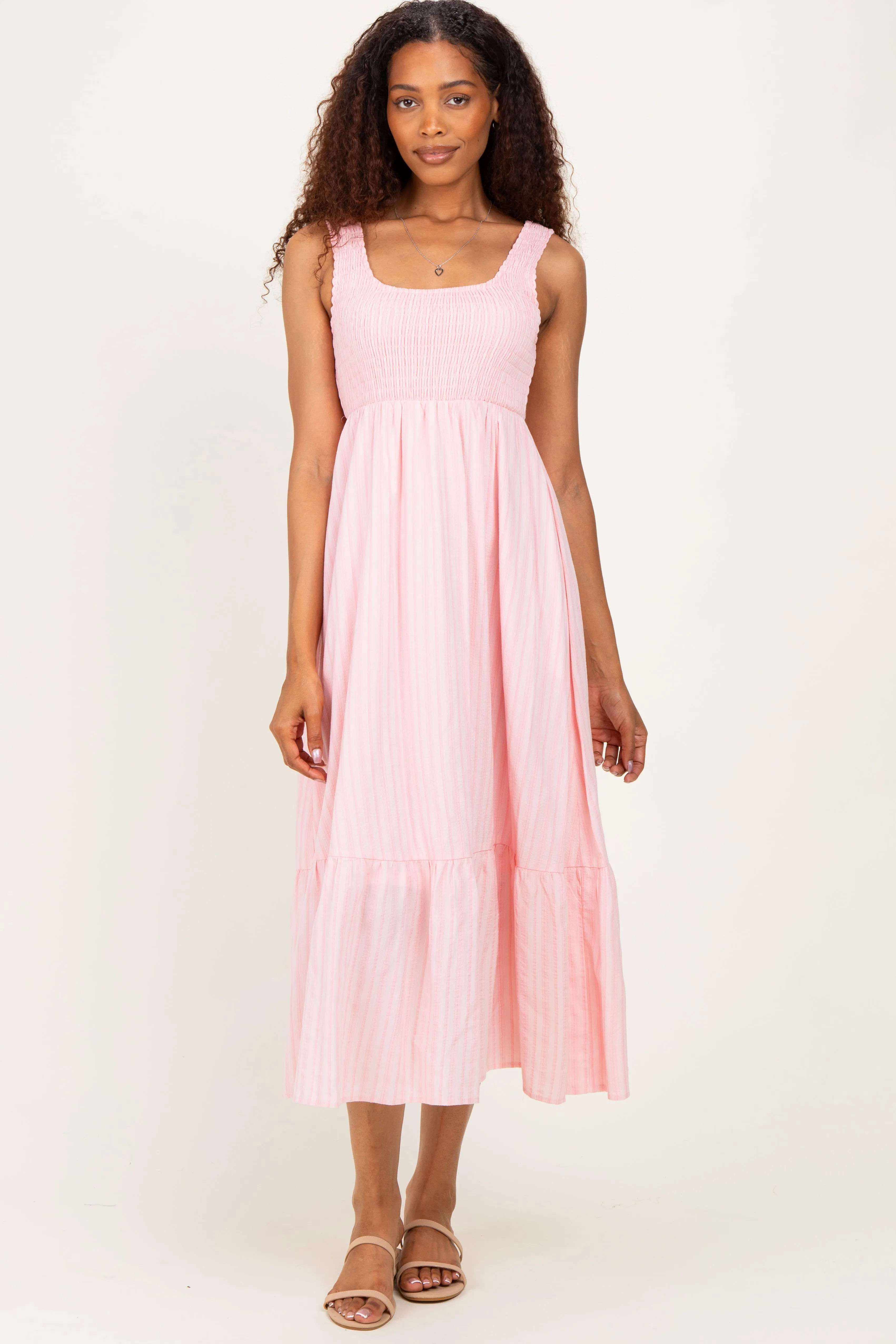 Pink Smocked Striped Sleeveless Maxi Dress sold by Pinkblush