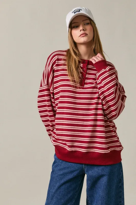 Maroon Striped Oversized Button Sweatshirt made by Le Lis