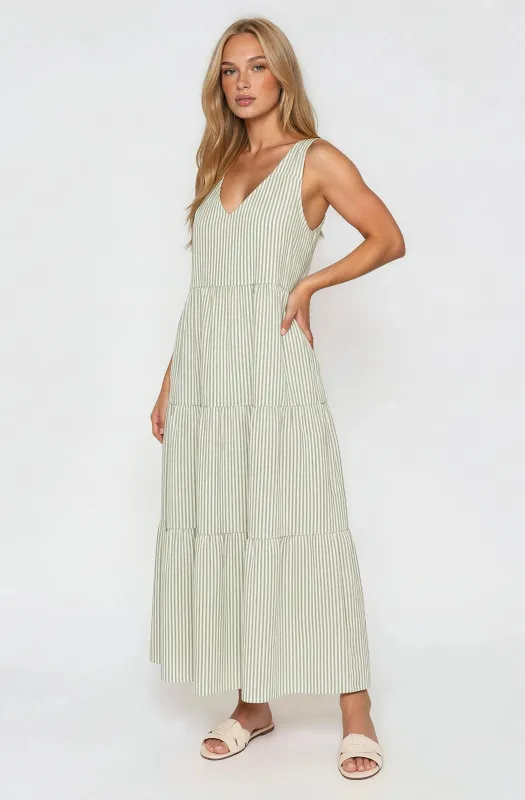 Sage Striped V-Neck Sleeveless Tiered Maxi Dress made by Gilli
