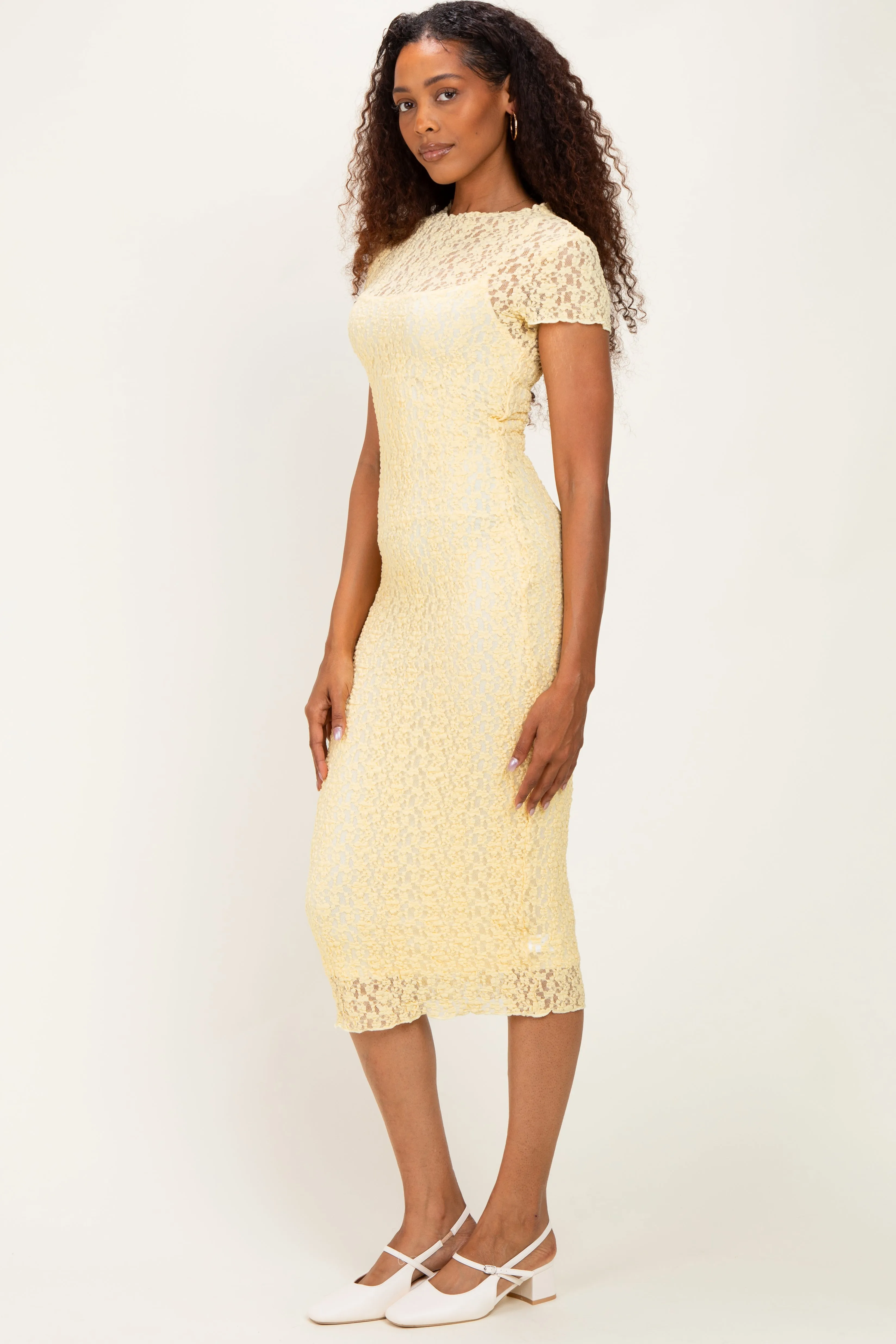 Yellow Sheer Lace Overlay Short Sleeve Midi Dress sold by Pinkblush product image thumbnail 2