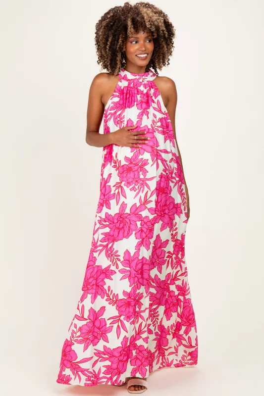 Pink Floral Halter Maternity Maxi Dress made by entro