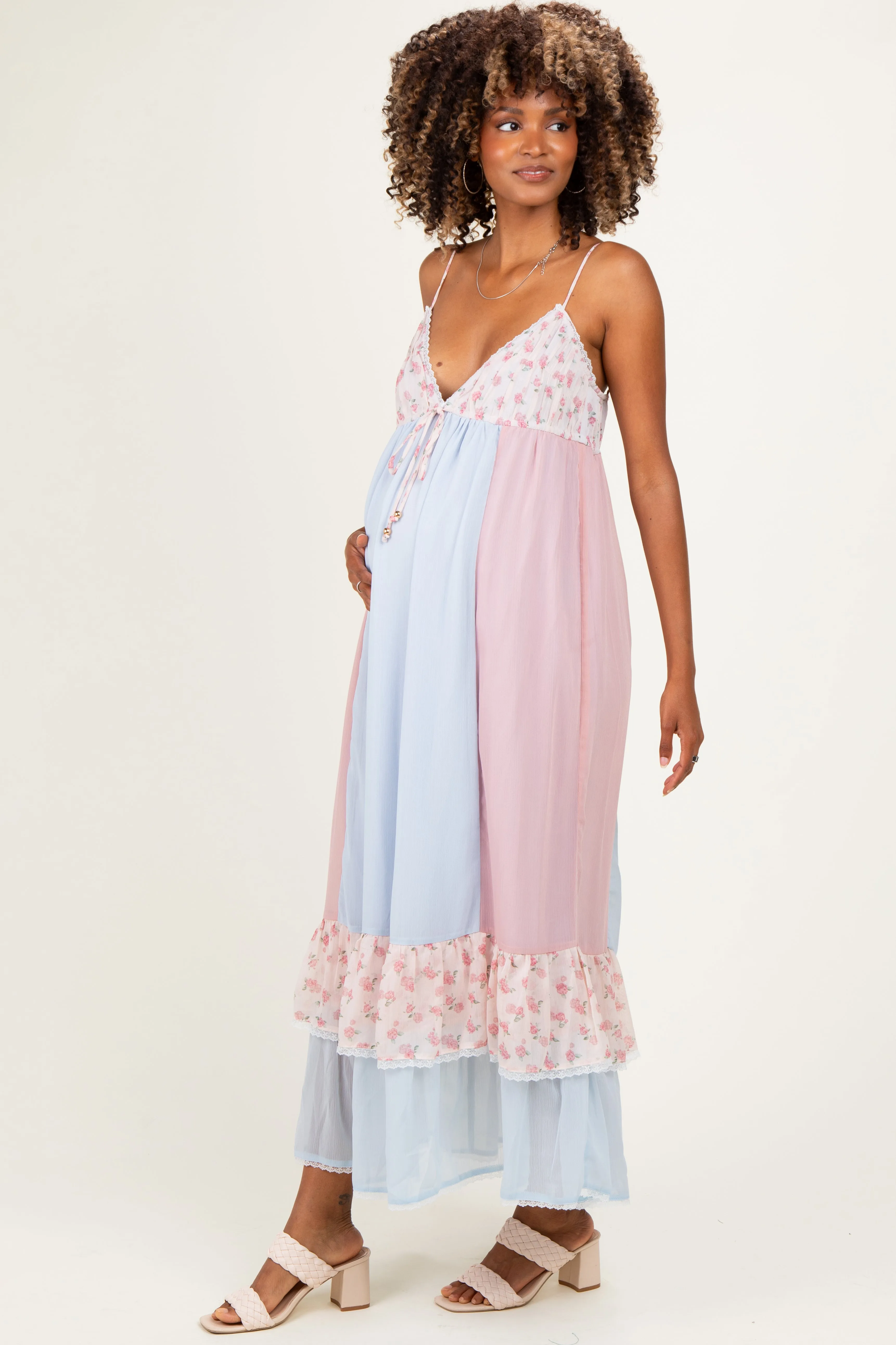 Light Blue Floral Colorblock Tiered Ruffle Maternity Maxi Dress sold by Pinkblush product image thumbnail 2