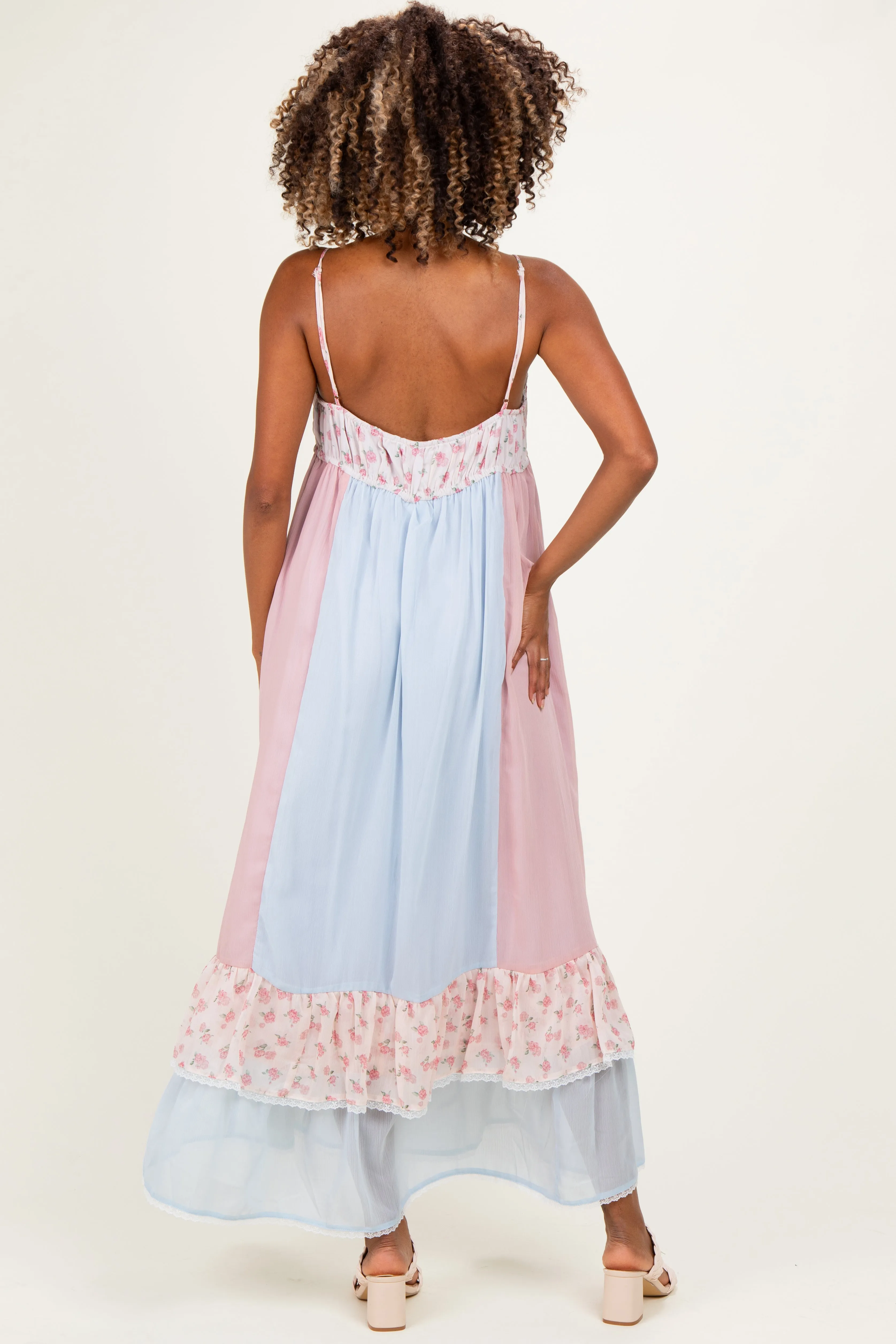 Light Blue Floral Colorblock Tiered Ruffle Maternity Maxi Dress sold by Pinkblush product image thumbnail 3