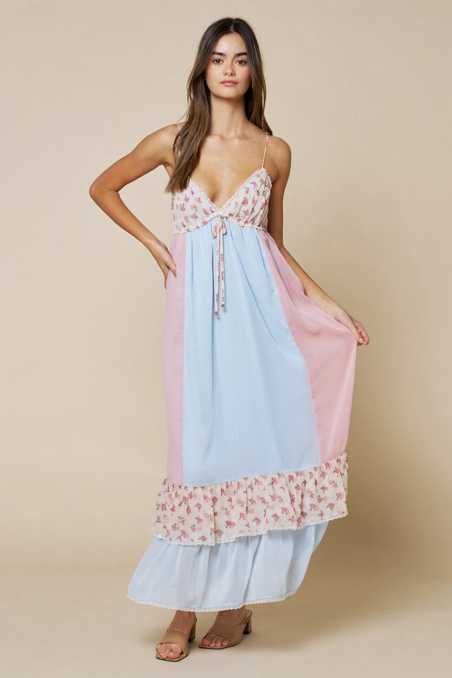 Light Blue Floral Colorblock Tiered Ruffle Maternity Maxi Dress sold by Pinkblush product image thumbnail 4
