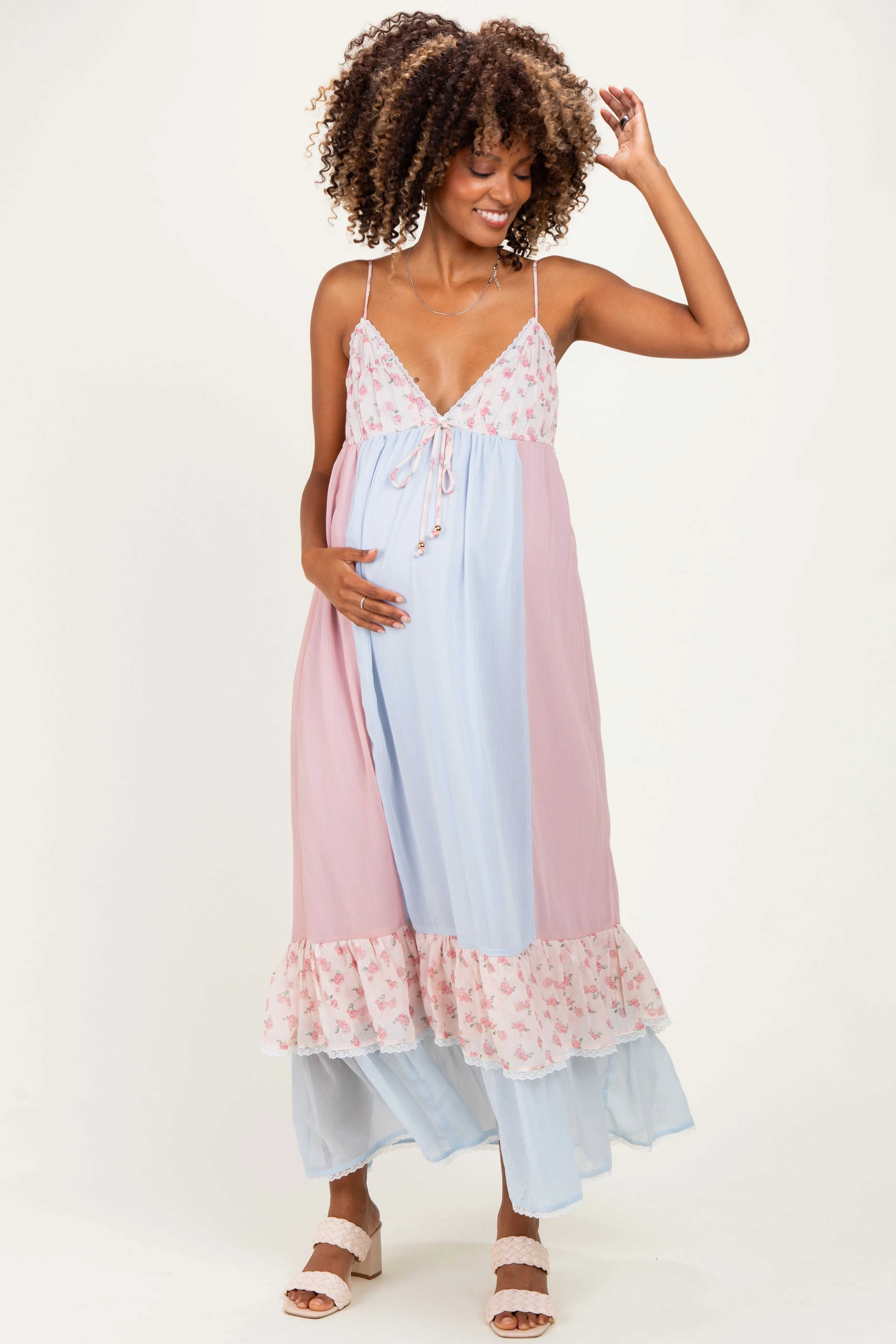Light Blue Floral Colorblock Tiered Ruffle Maternity Maxi Dress sold by Pinkblush