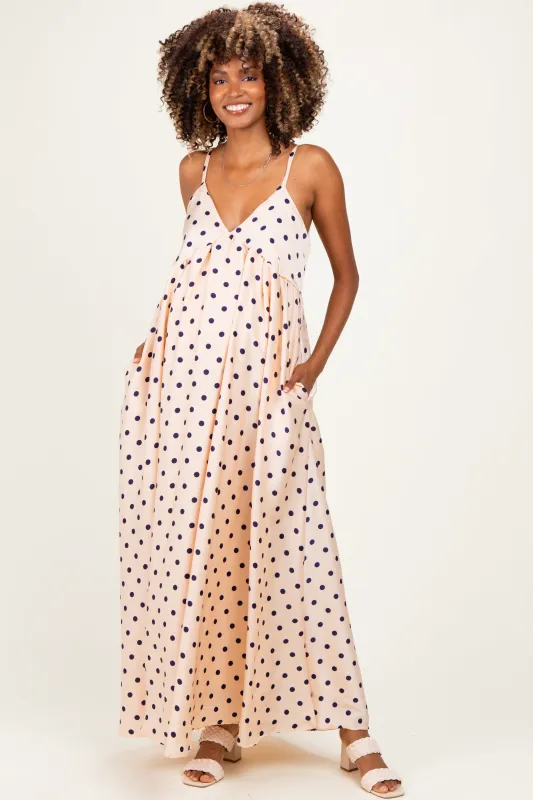 Cream/ Navy Polka Dot Sleeveless Maternity Maxi Dress made by Pinkblush