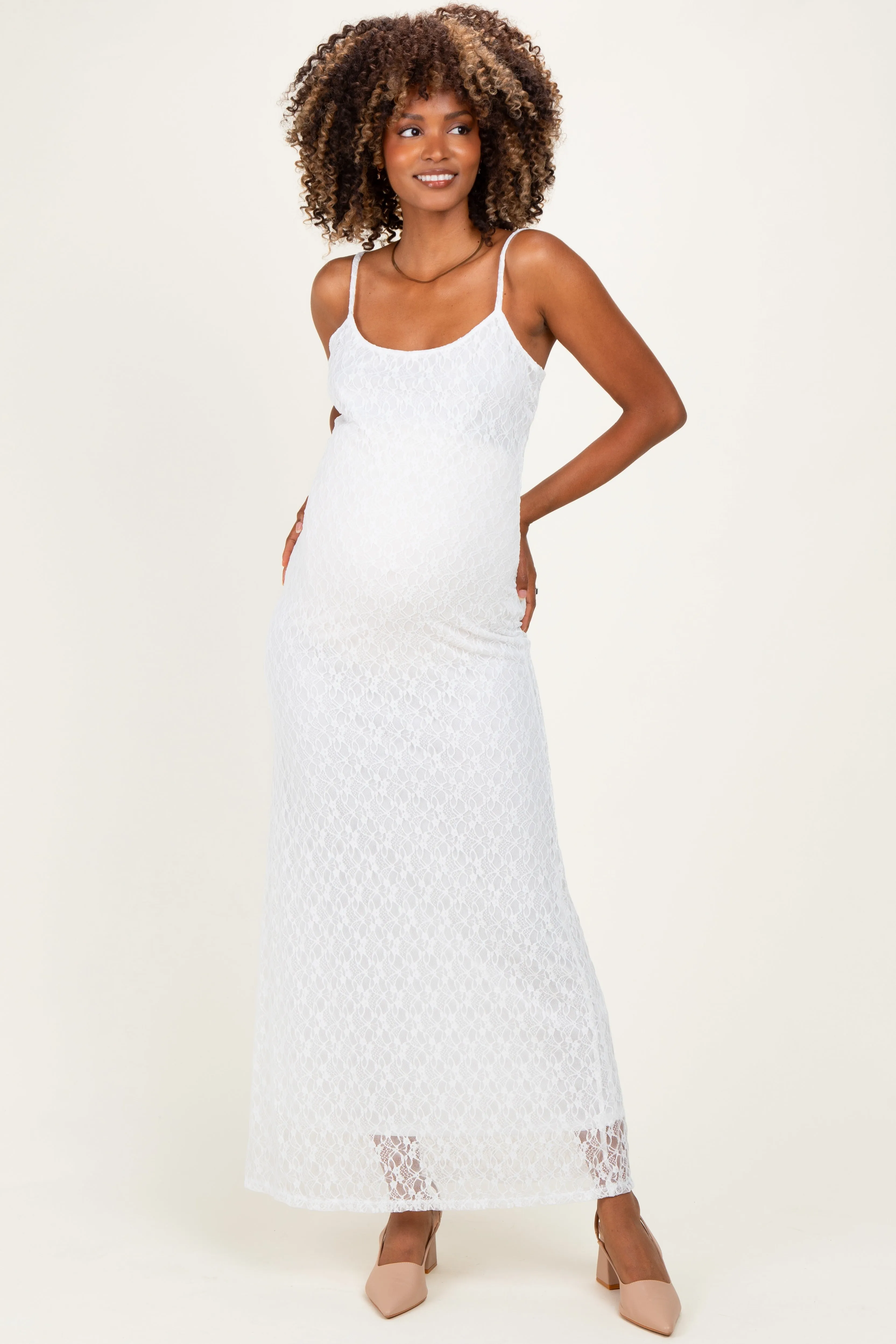 Ivory Sleeveless Lace Square Neck Maternity Maxi Dress sold by Pinkblush