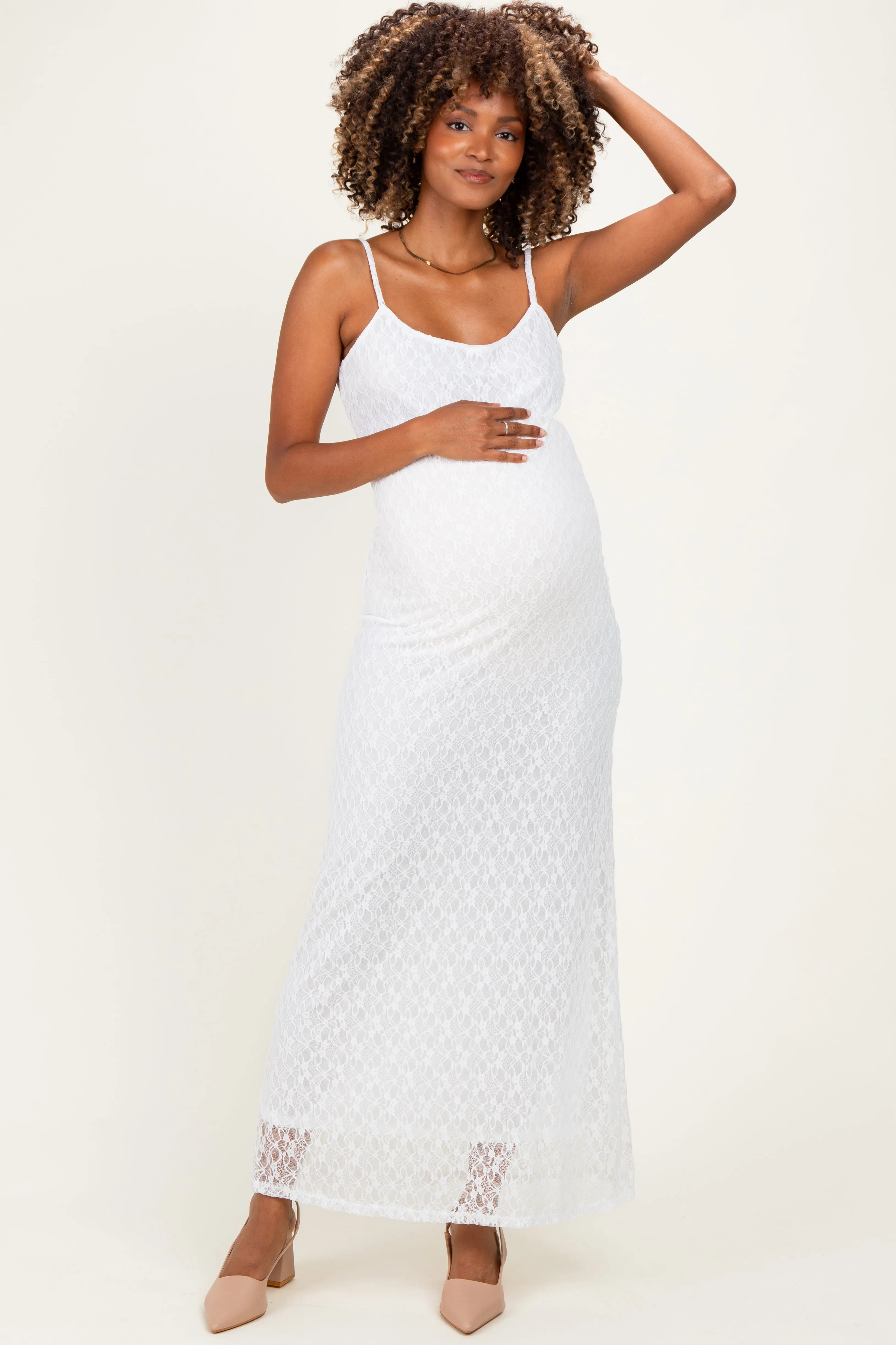 Ivory Sleeveless Lace Square Neck Maternity Maxi Dress sold by Pinkblush product image thumbnail 2