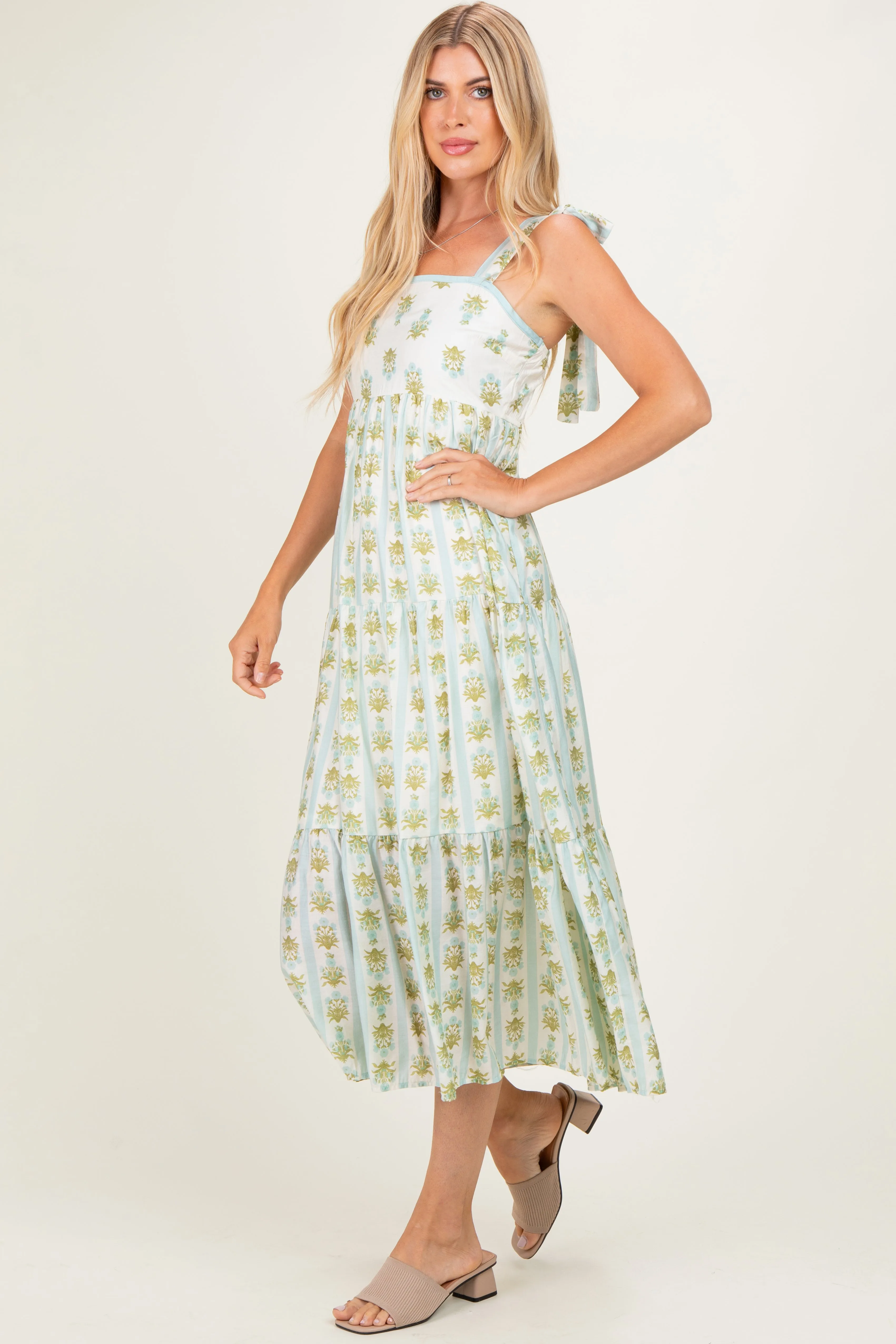 Sage Striped Floral Shoulder Tie Midi Dress sold by Pinkblush product image thumbnail 2