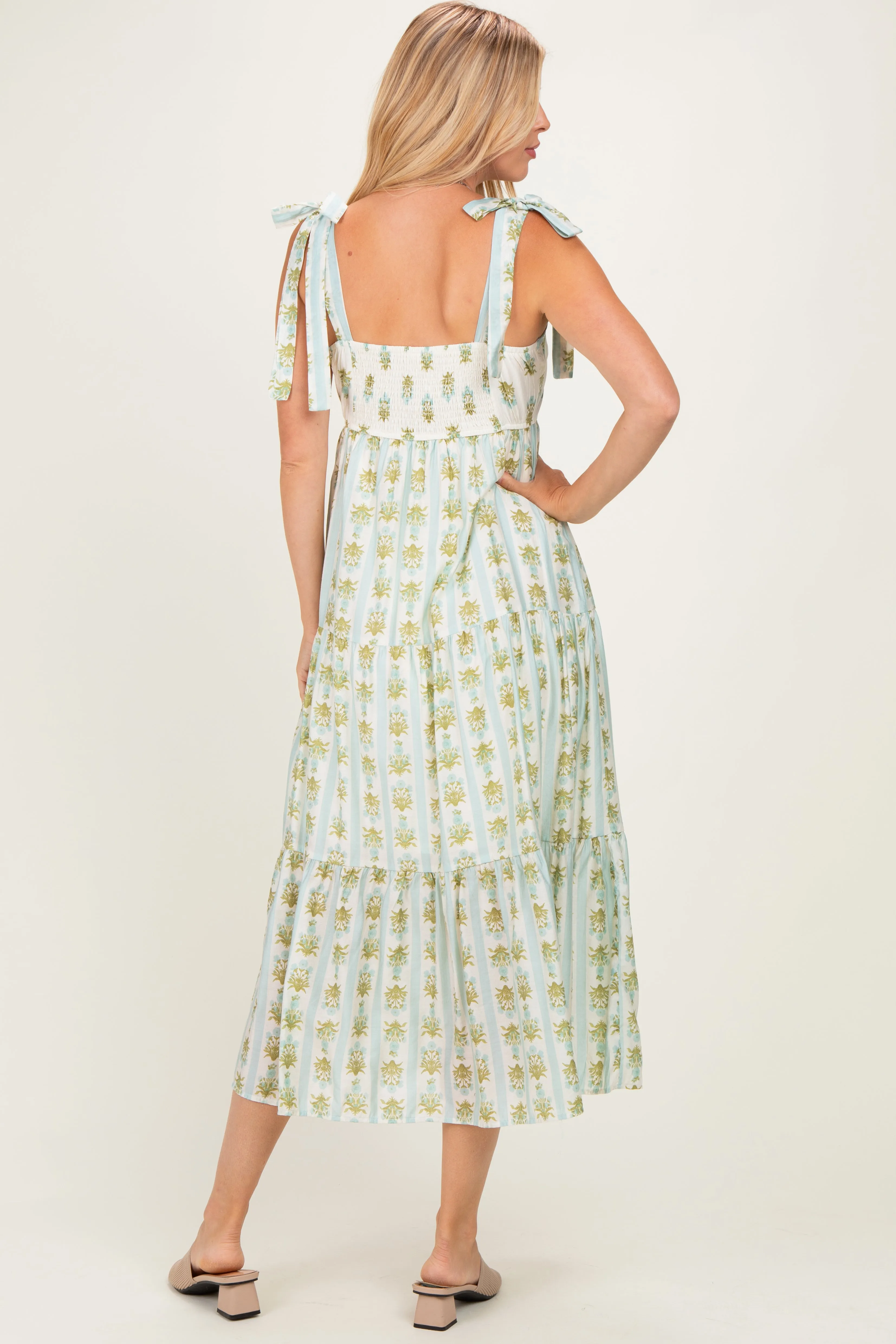 Sage Striped Floral Shoulder Tie Midi Dress sold by Pinkblush product image thumbnail 3