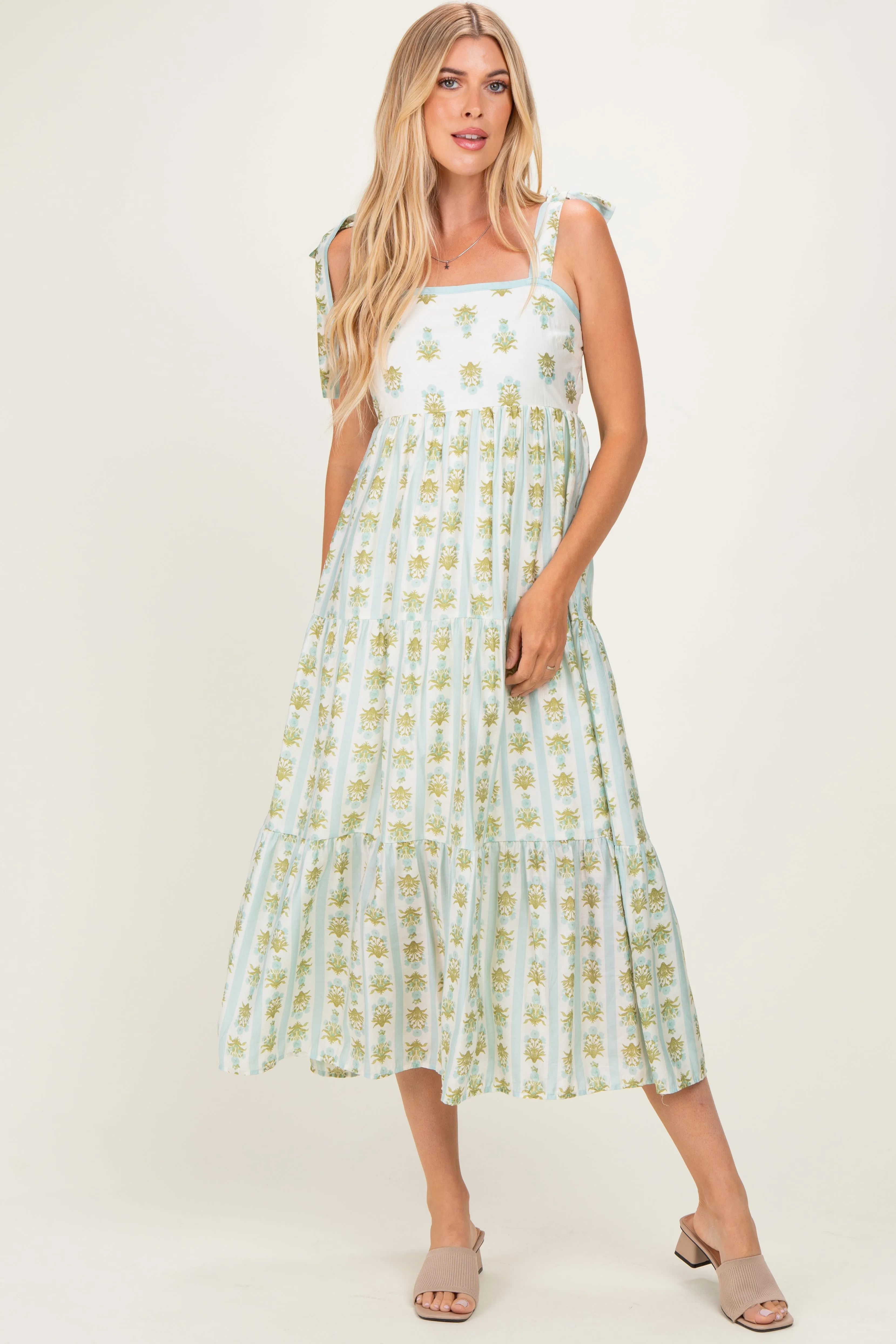 Sage Striped Floral Shoulder Tie Midi Dress sold by Pinkblush