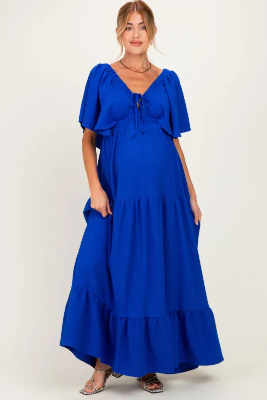 Royal Woven Textured Flutter Sleeve V-Neck Tiered Maternity Maxi Dress made by Pinkblush