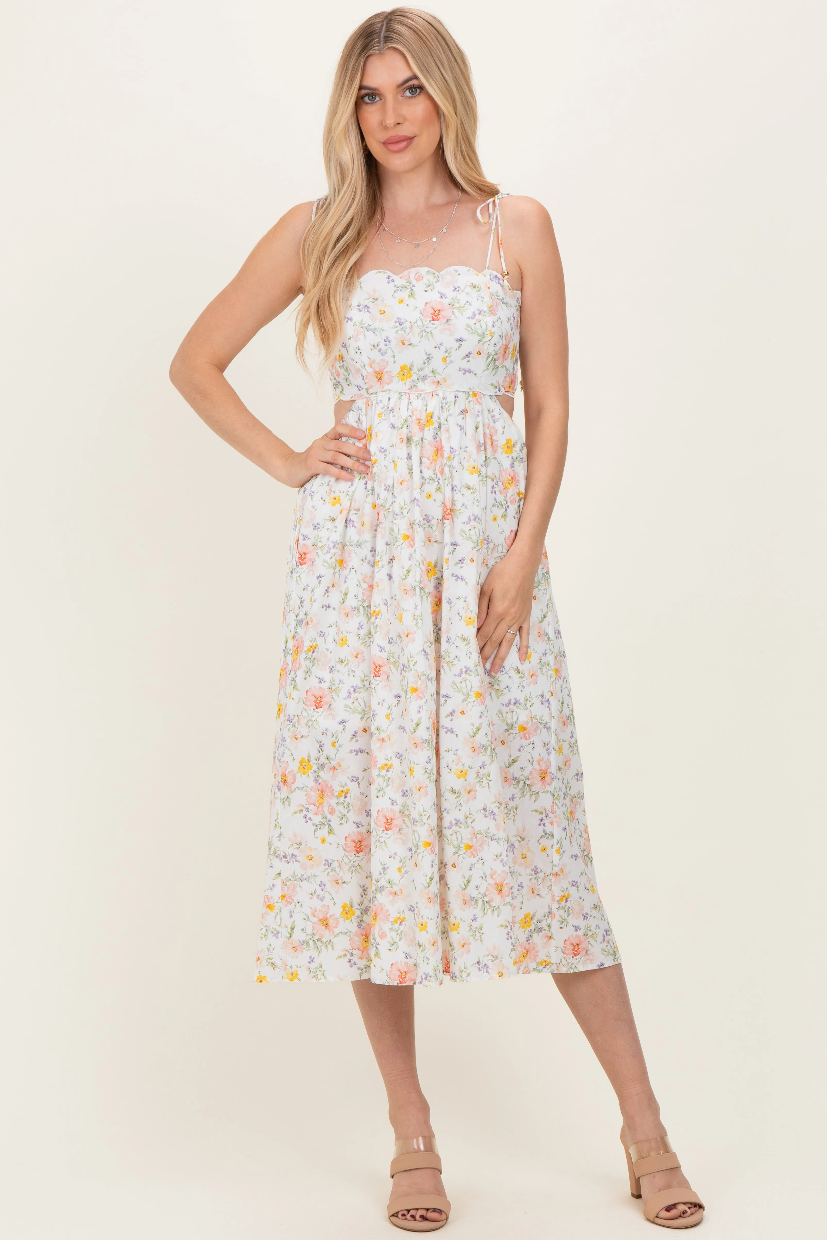 White Floral Shoulder Tie Cutout Maternity Midi Dress sold by Pinkblush product image thumbnail 4
