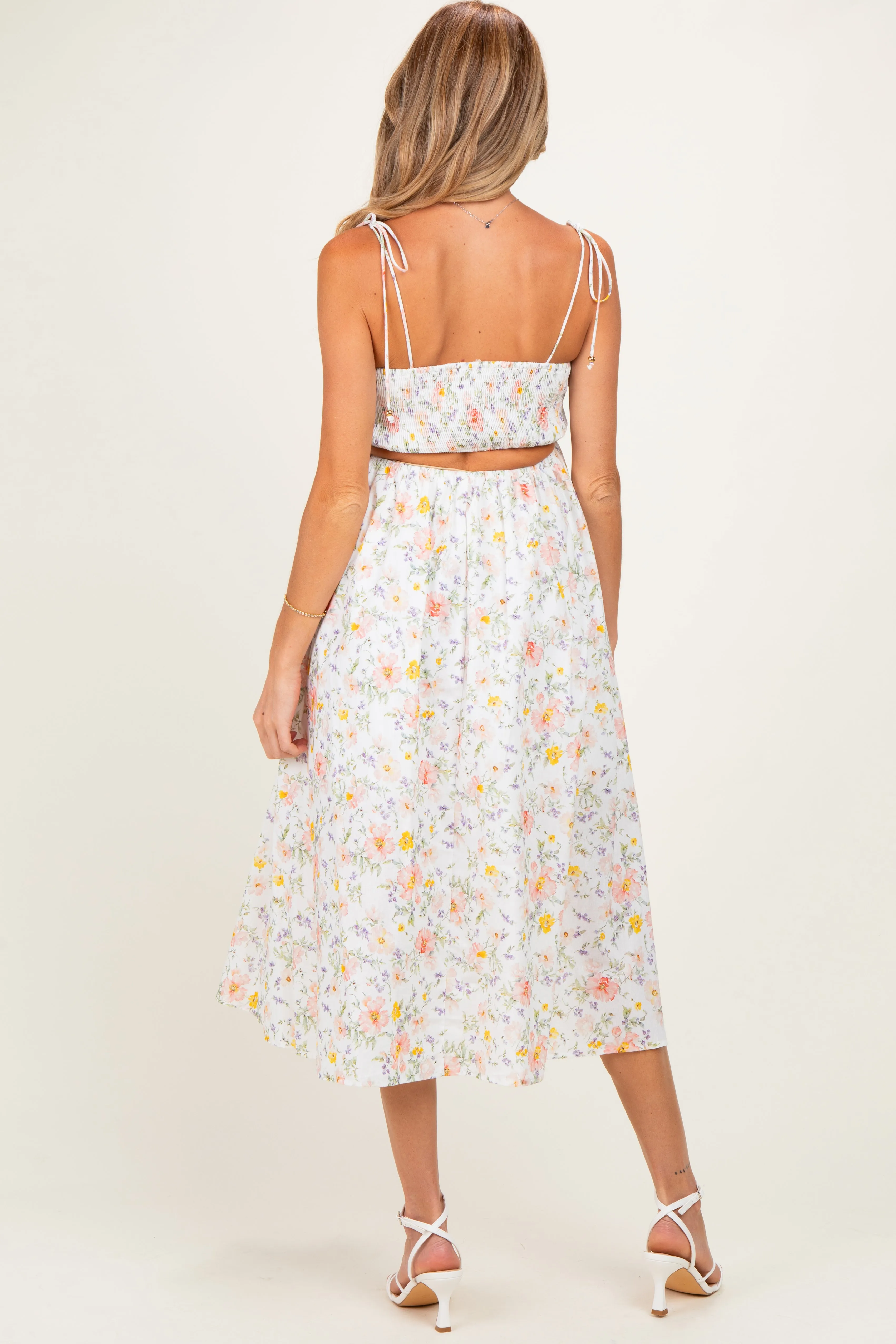 White Floral Shoulder Tie Cutout Maternity Midi Dress sold by Pinkblush product image thumbnail 3