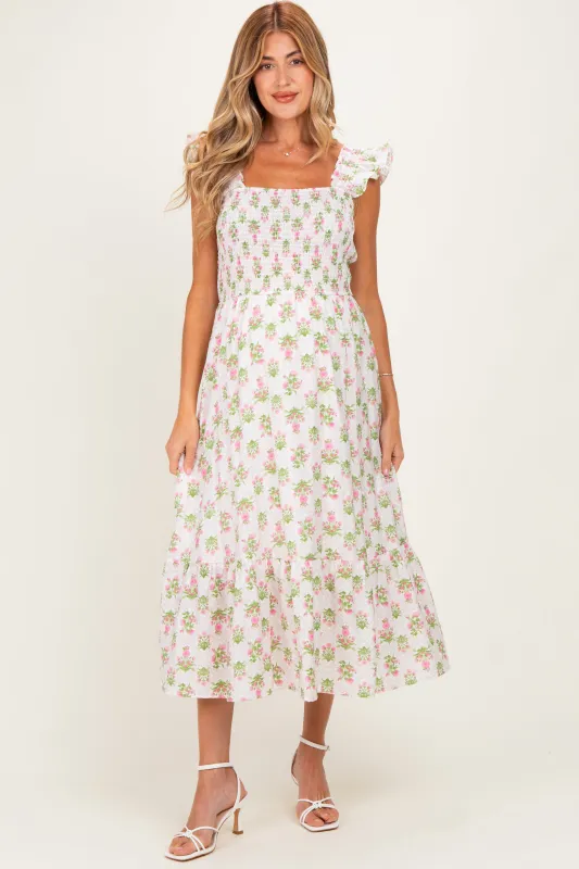 Pink Floral Smocked Sleeveless Maternity Midi Dress made by Blu Pepper