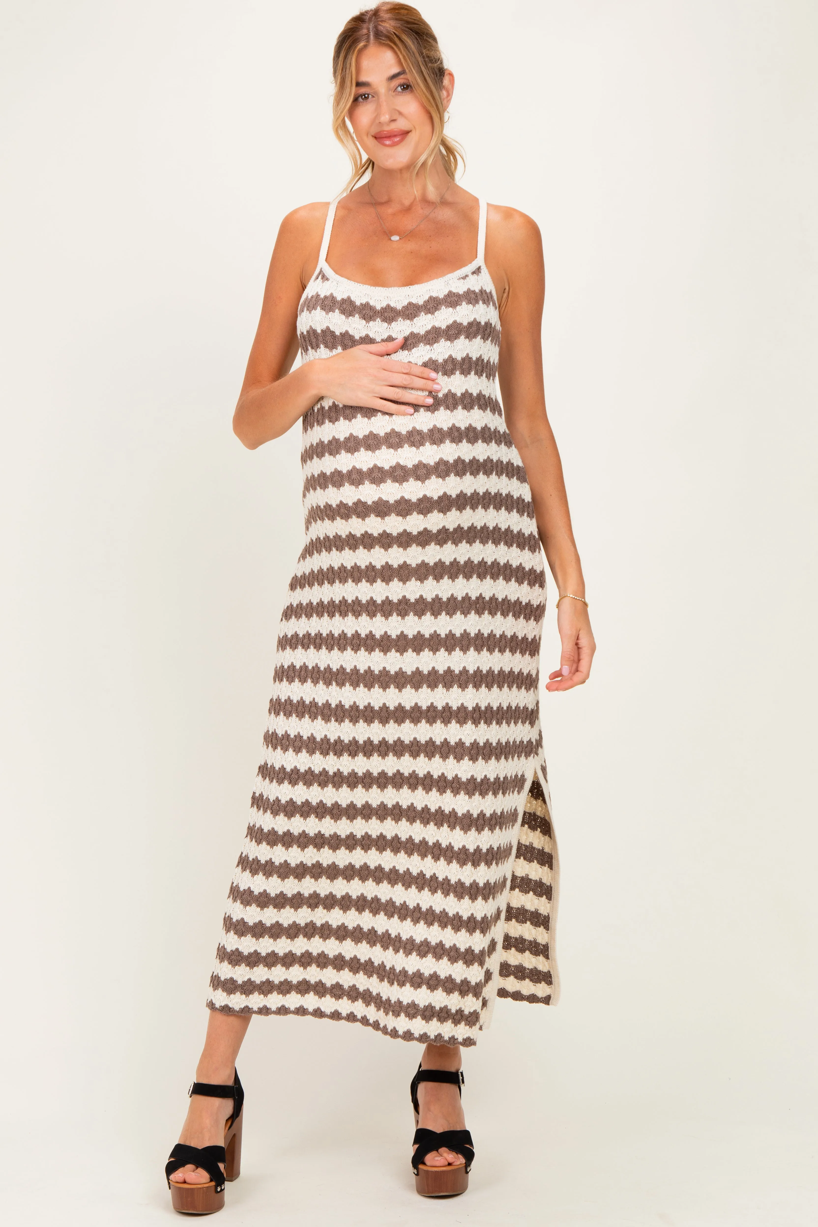 Mocha Knit Striped Sleeveless Maternity Dress sold by Pinkblush