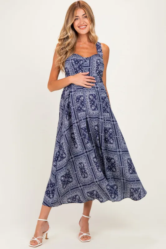 Navy Bandana Print Crisscross Back Maternity Midi Dress made by MABLE