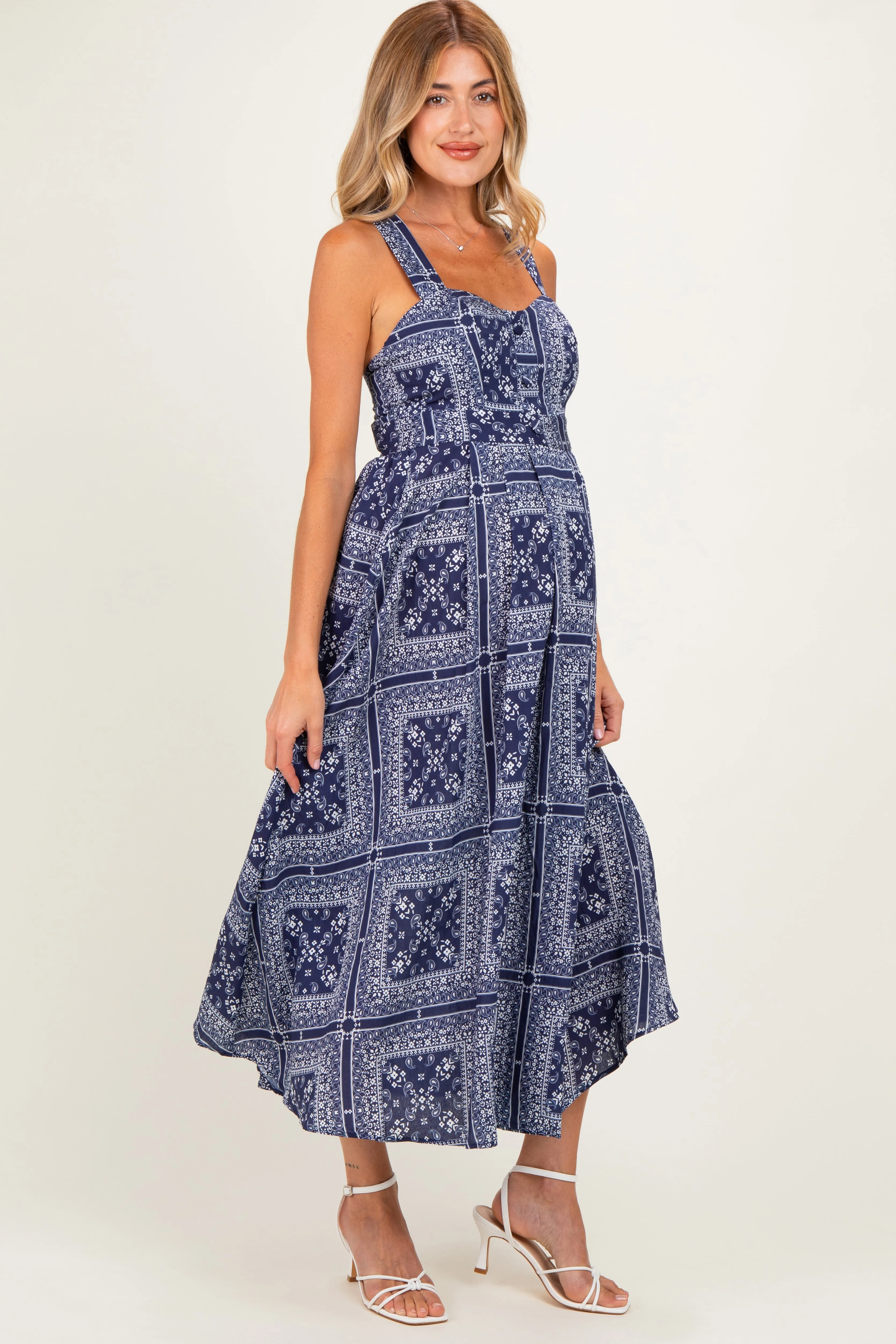 Navy Bandana Print Crisscross Back Maternity Midi Dress sold by Pinkblush product image thumbnail 2
