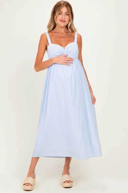Blue Ruffle Trim Sweetheart Neckline Maternity Midi Dress made by Wishlist