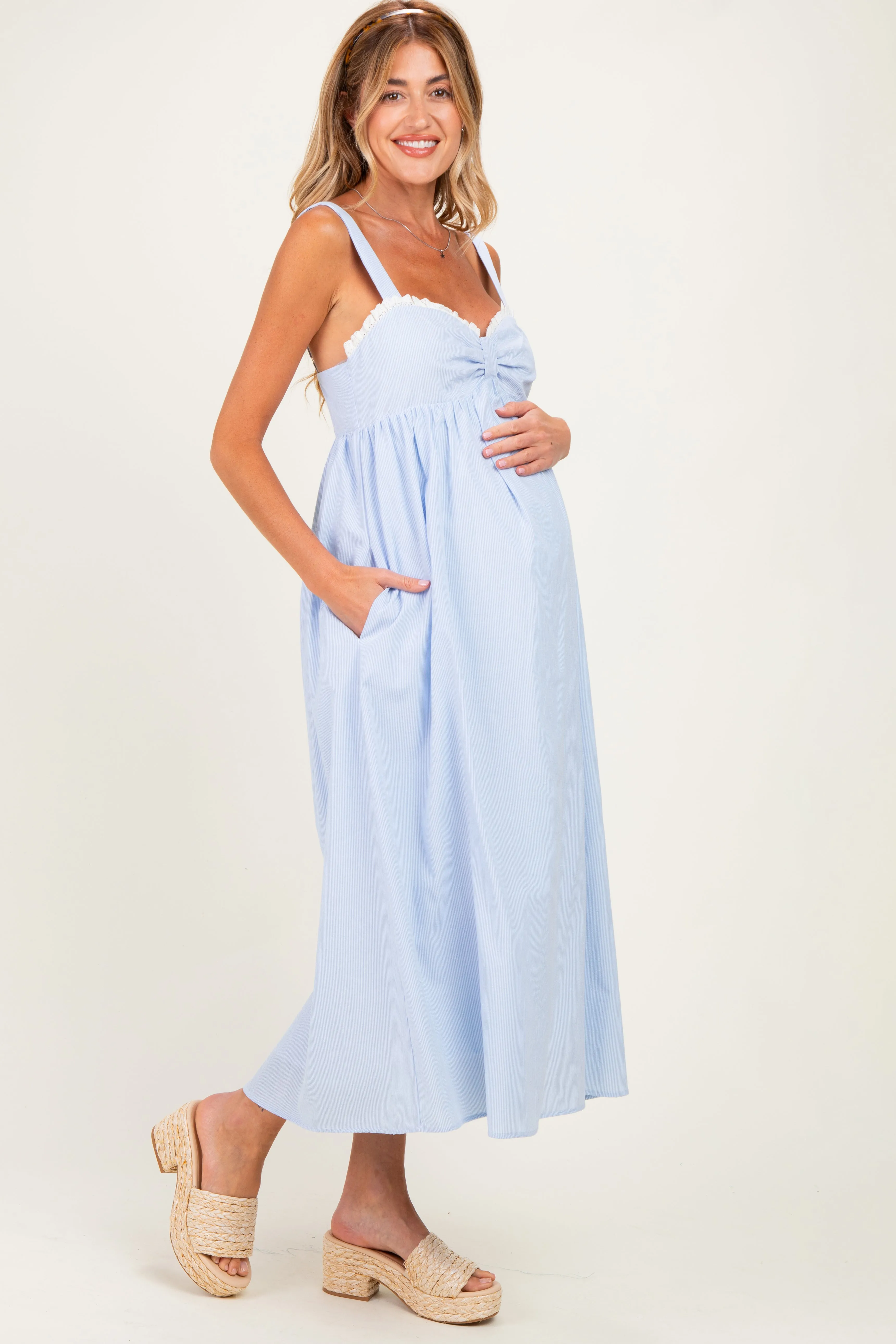 Blue Ruffle Trim Sweetheart Neckline Maternity Midi Dress sold by Pinkblush product image thumbnail 2