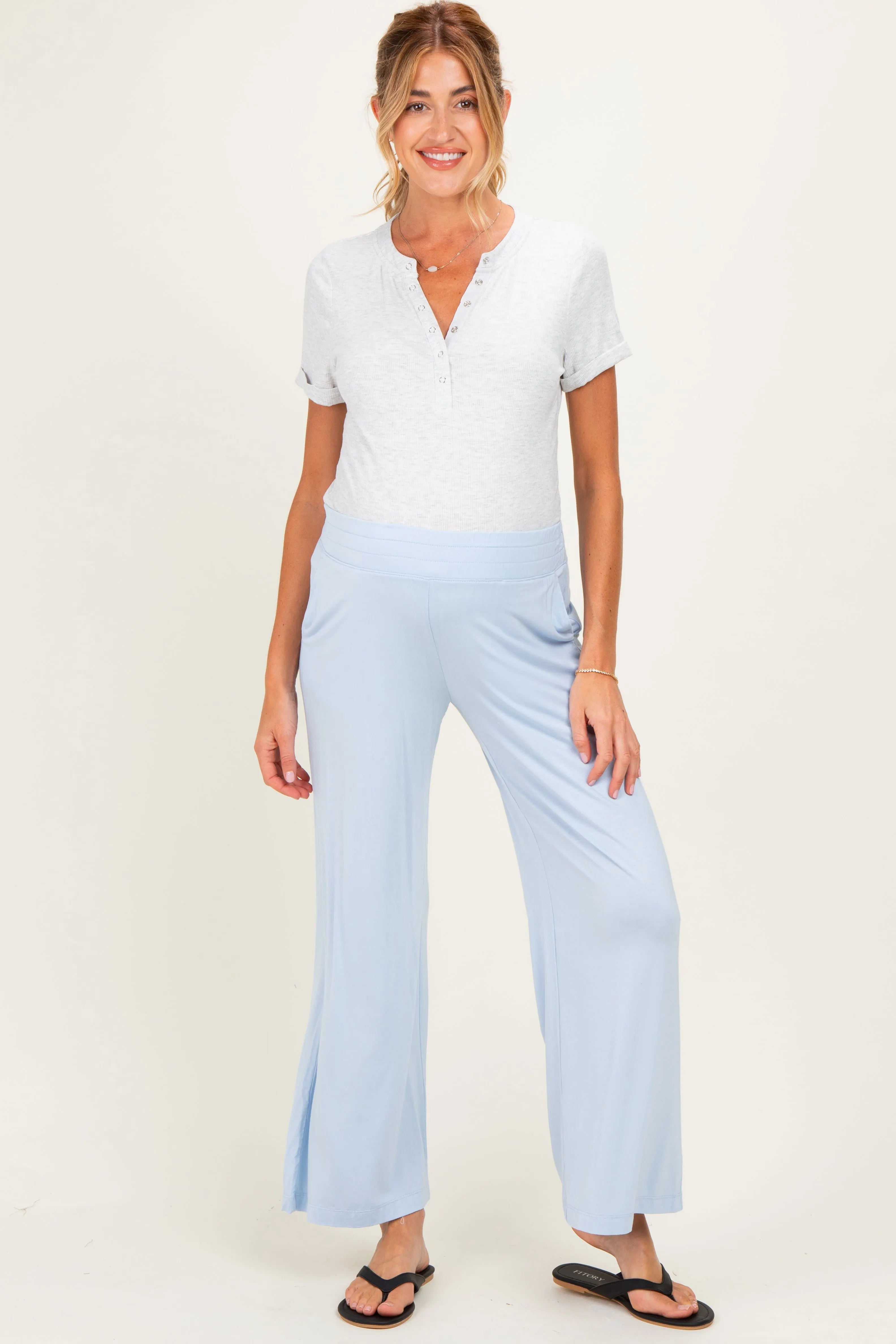 Light Blue Ankle Wide Leg Maternity Pants sold by Pinkblush