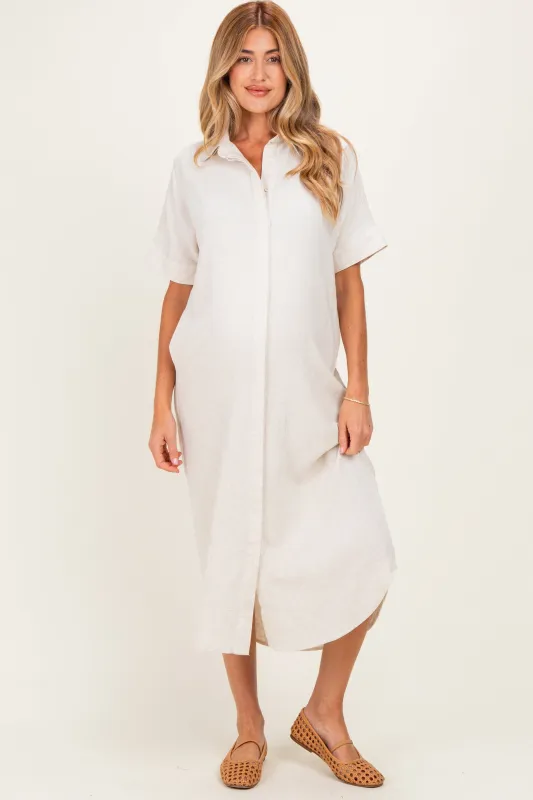 Natural Button Down Maternity Midi Shirt Dress made by Bluivy