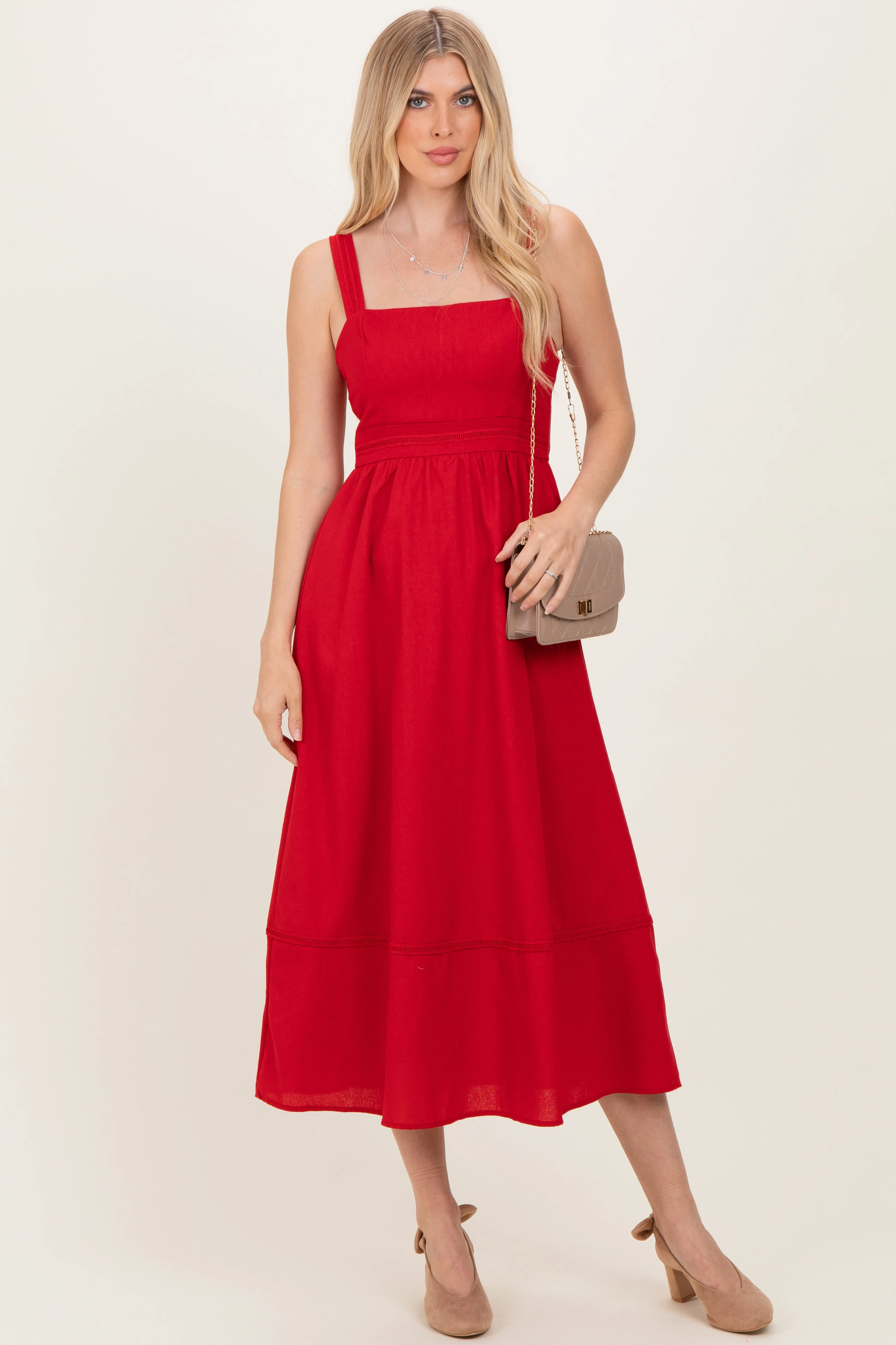 Red Linen Blend Sleeveless Maternity Midi Dress sold by Pinkblush product image thumbnail 4