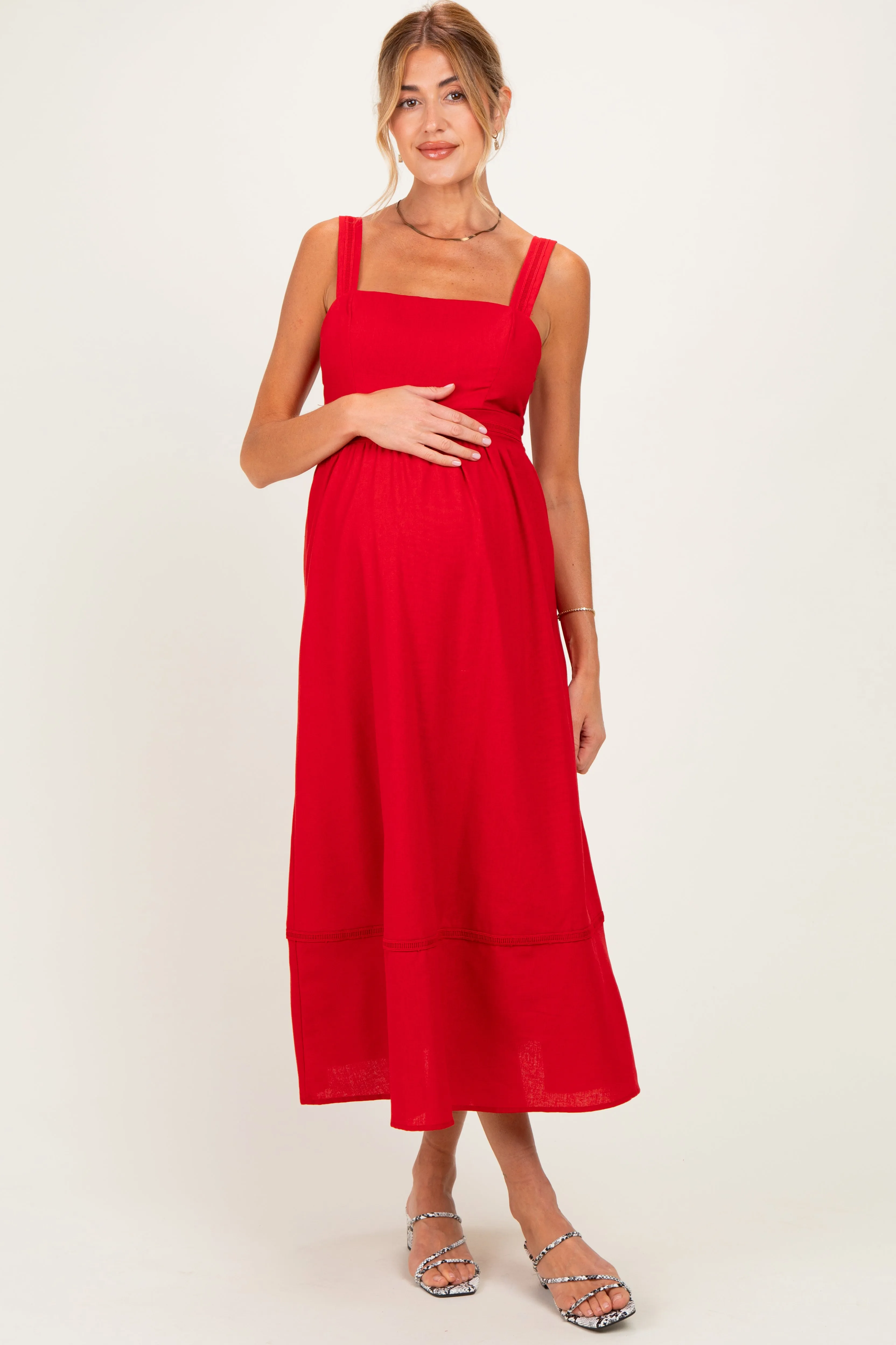 Red Linen Blend Sleeveless Maternity Midi Dress sold by Pinkblush