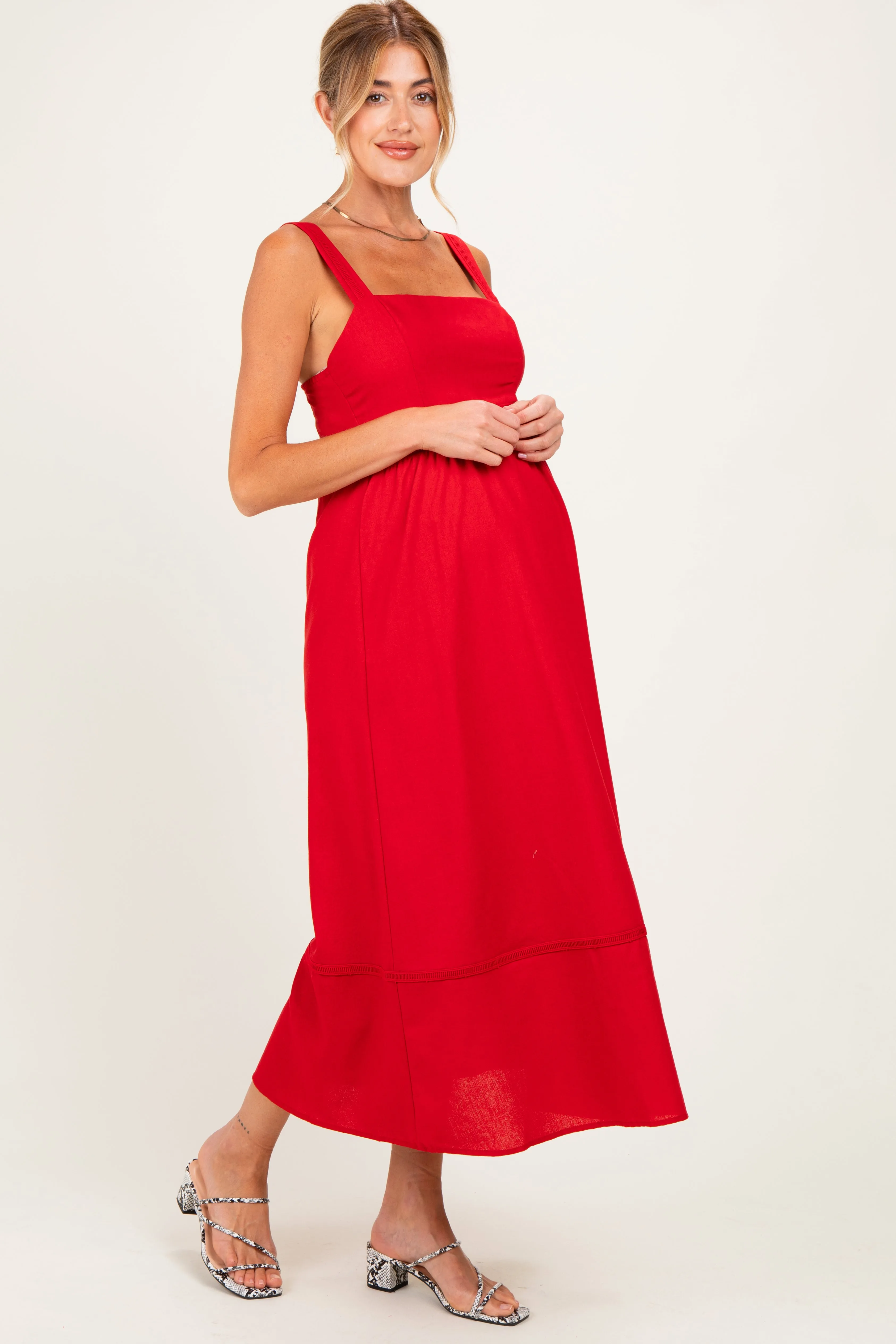 Red Linen Blend Sleeveless Maternity Midi Dress sold by Pinkblush product image thumbnail 2