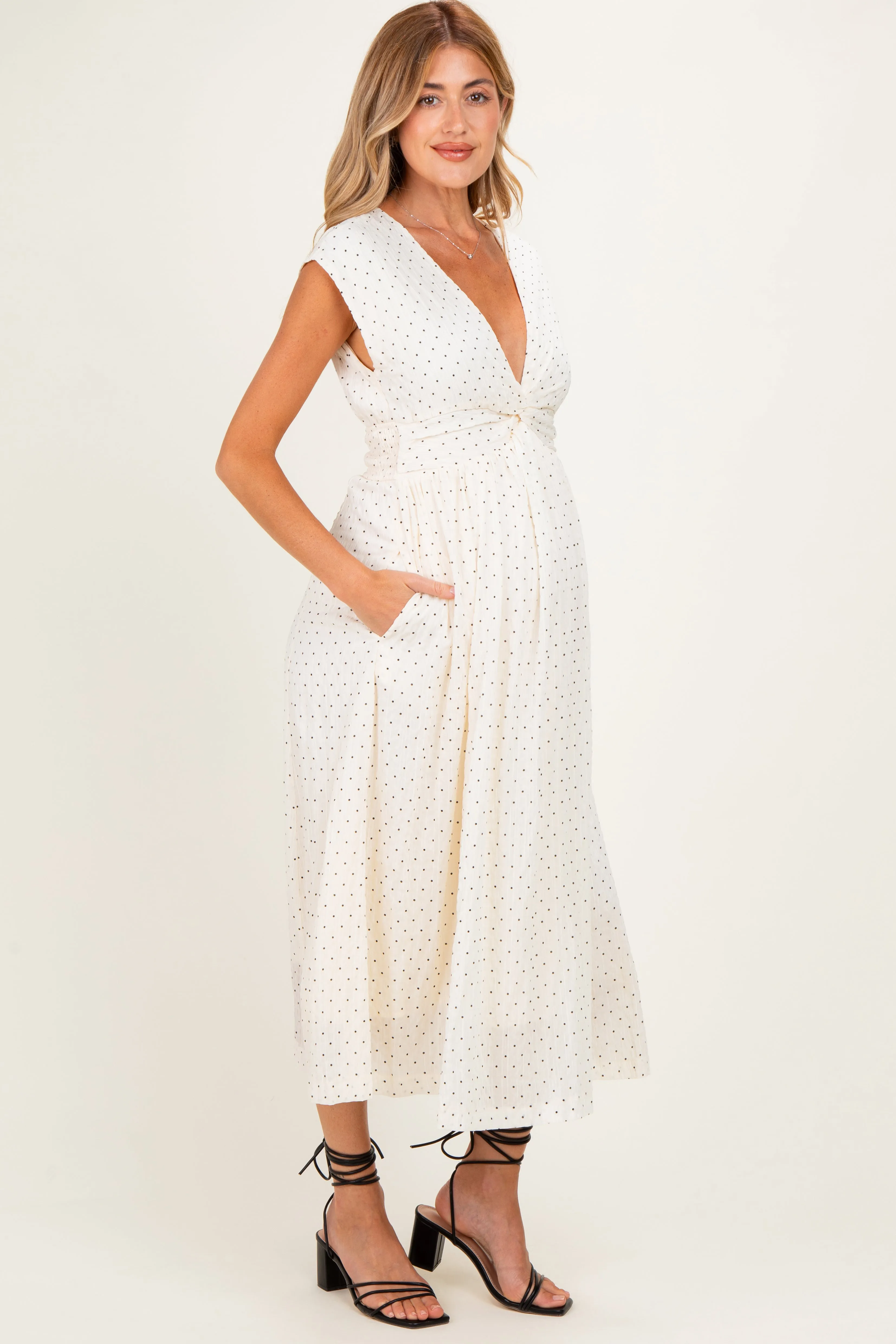 Cream Polka Dot Twisted Detail V Neck Maternity Maxi Dress sold by Pinkblush product image thumbnail 2