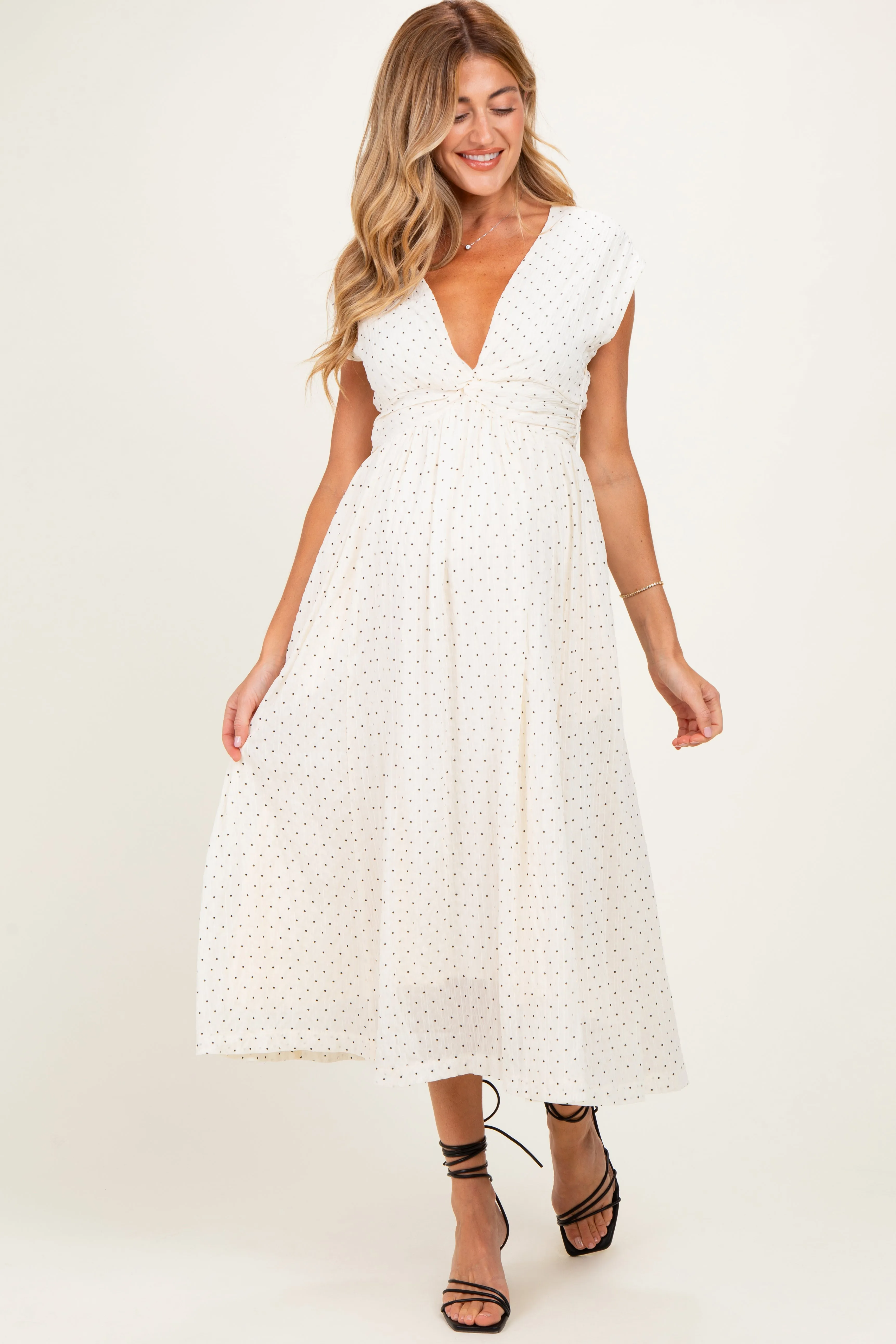 Cream Polka Dot Twisted Detail V Neck Maternity Maxi Dress sold by Pinkblush