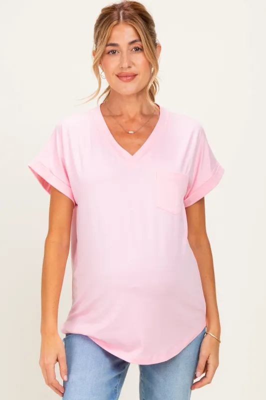 Light Pink V-Neck Pocket Short Sleeve Maternity Shirt made by Pinkblush