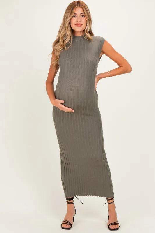 Olive Ribbed Knit Mock Neck Maternity Maxi Dress made by Able