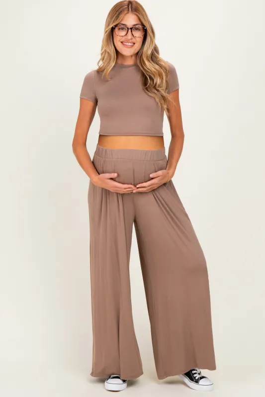 Dark Taupe Short Sleeve Crop Top Wide Leg Pant Maternity Set made by HYFVE