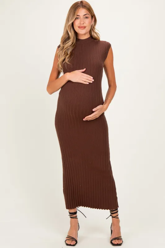 Chocolate Ribbed Knit Mock Neck Maternity Maxi Dress made by Able