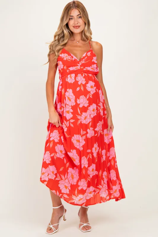 Red Floral Pleated Cutout Back Maternity Midi Dress made by Fore Collection