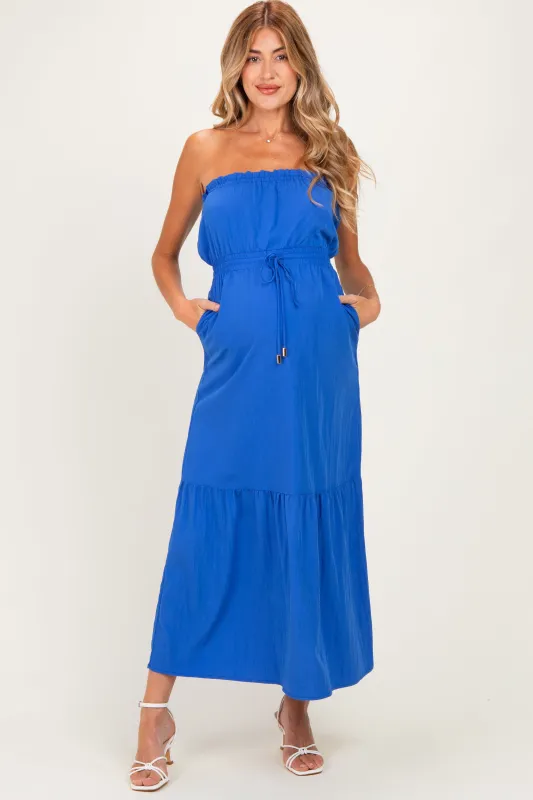 Capri Blue Strapless Cinched Waist Tie Maternity Maxi Dress made by Naked Zebra