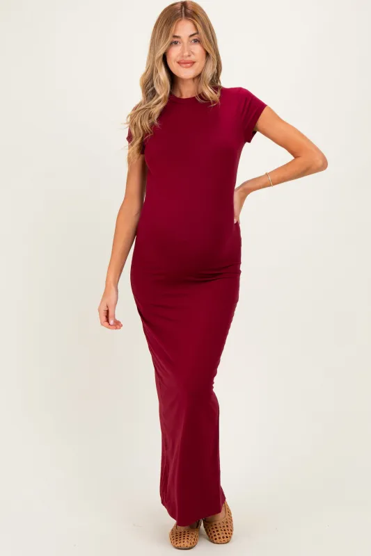 Burgundy Fitted Short Sleeve Maternity Maxi Dress made by Pinkblush