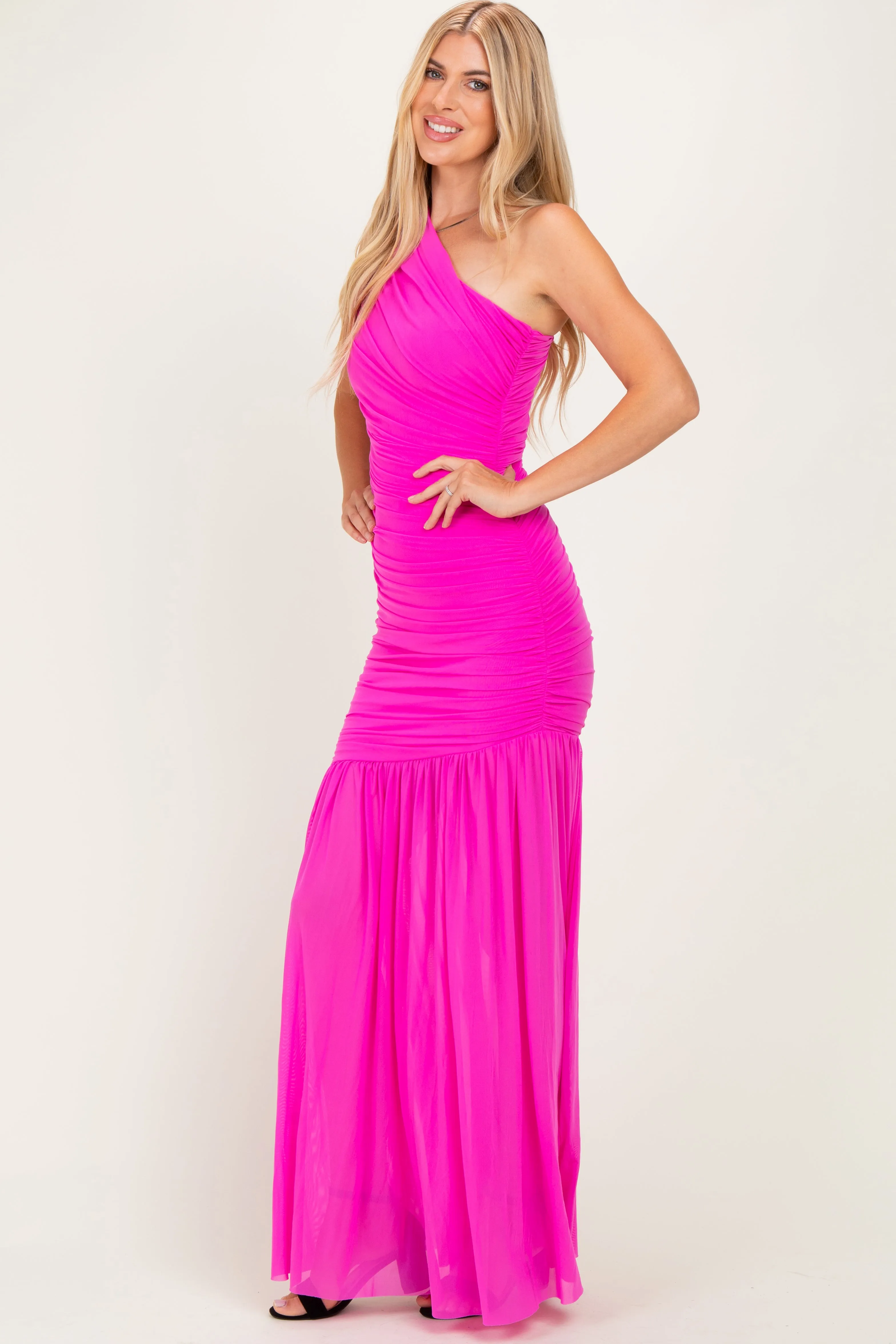 Fuchsia Pink Ruched Mesh One Shoulder Maxi Dress sold by Pinkblush product image thumbnail 2