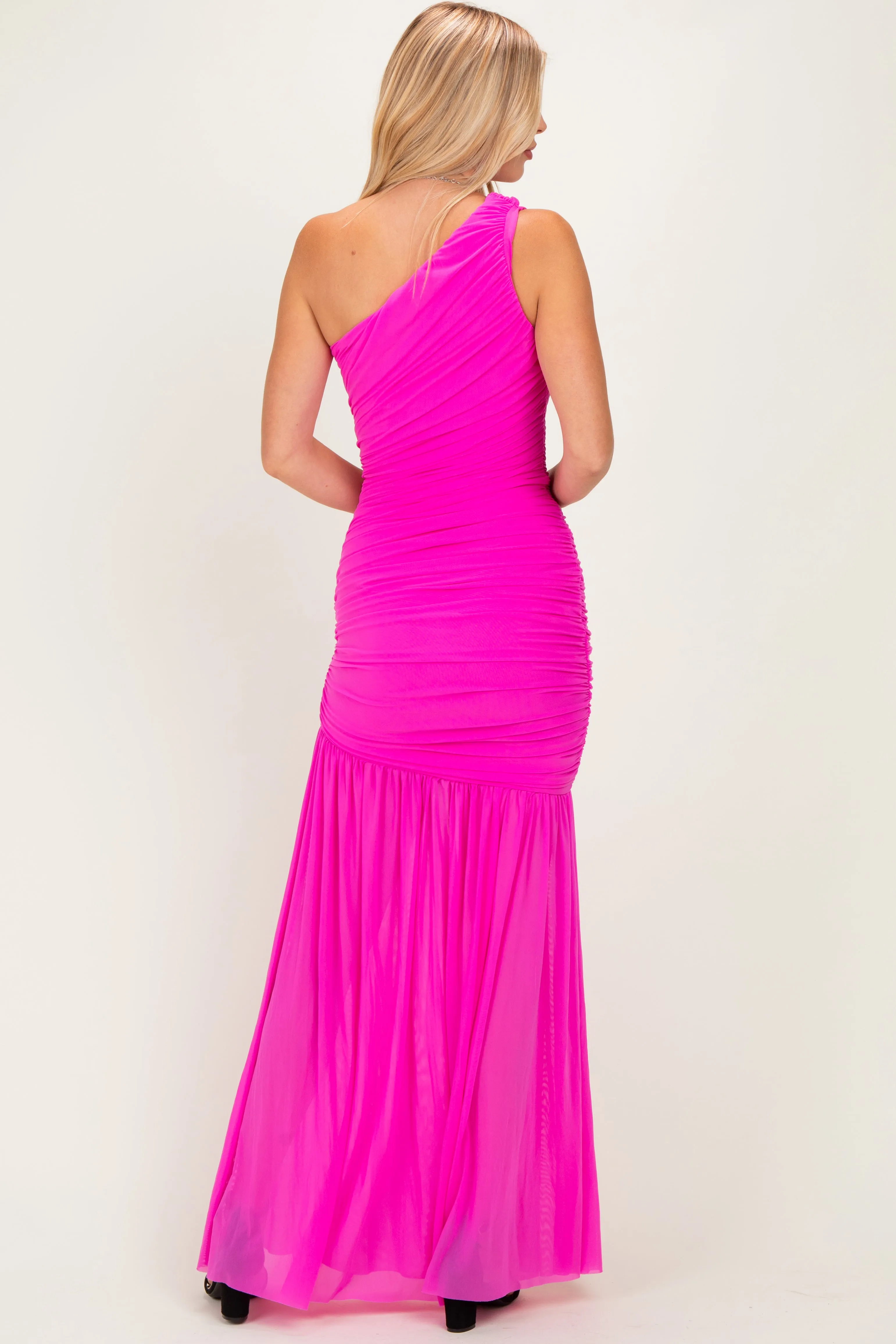 Fuchsia Pink Ruched Mesh One Shoulder Maxi Dress sold by Pinkblush product image thumbnail 3