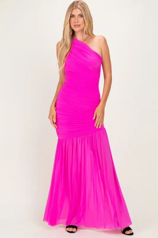 Fuchsia Pink Ruched Mesh One Shoulder Maxi Dress made by cameo