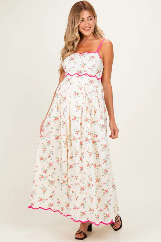 Pink Peony Creme Floral Scalloped Contrast Maternity Maxi Dress made by Inloom