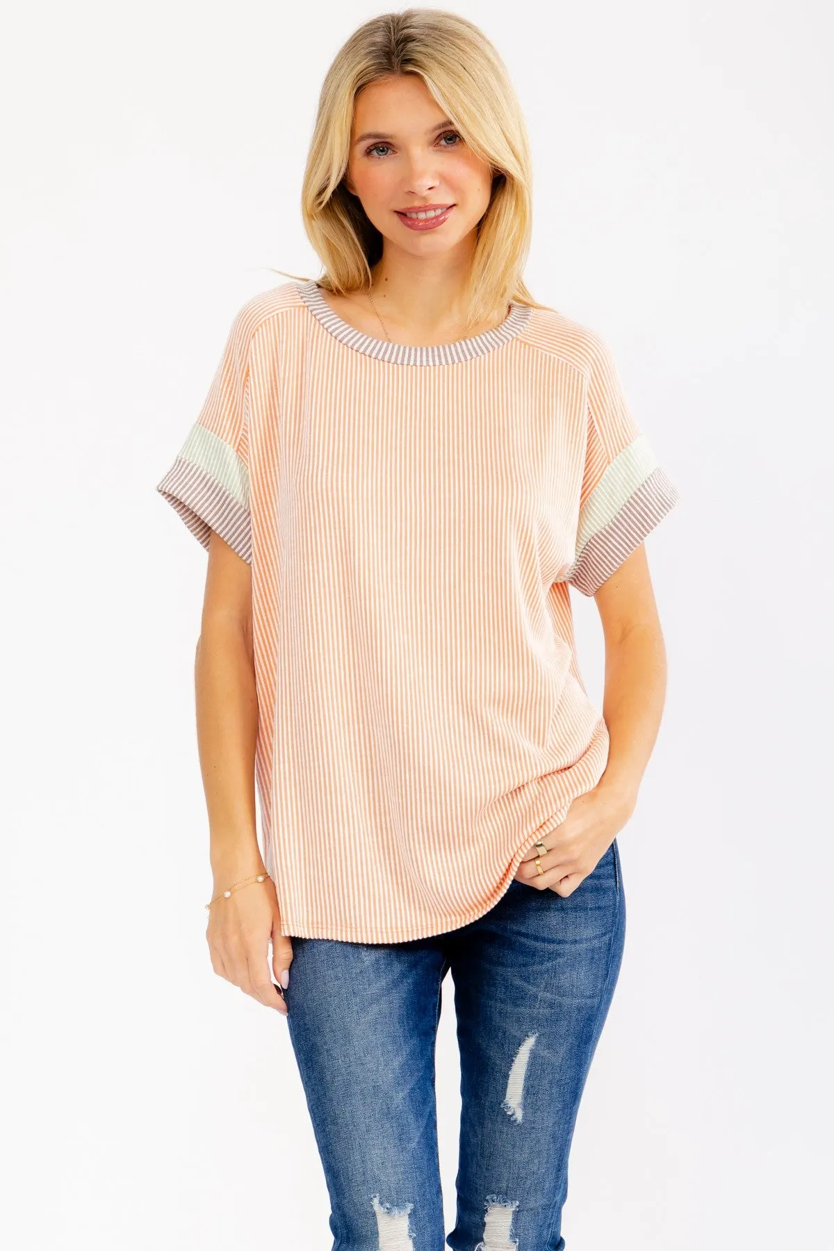 Coral Rib Color Block Short Sleeve Top sold by Pinkblush
