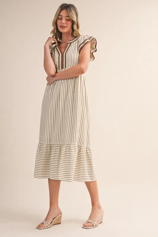 Cocoa Striped Flutter Sleeve Midi Dress made by Merci