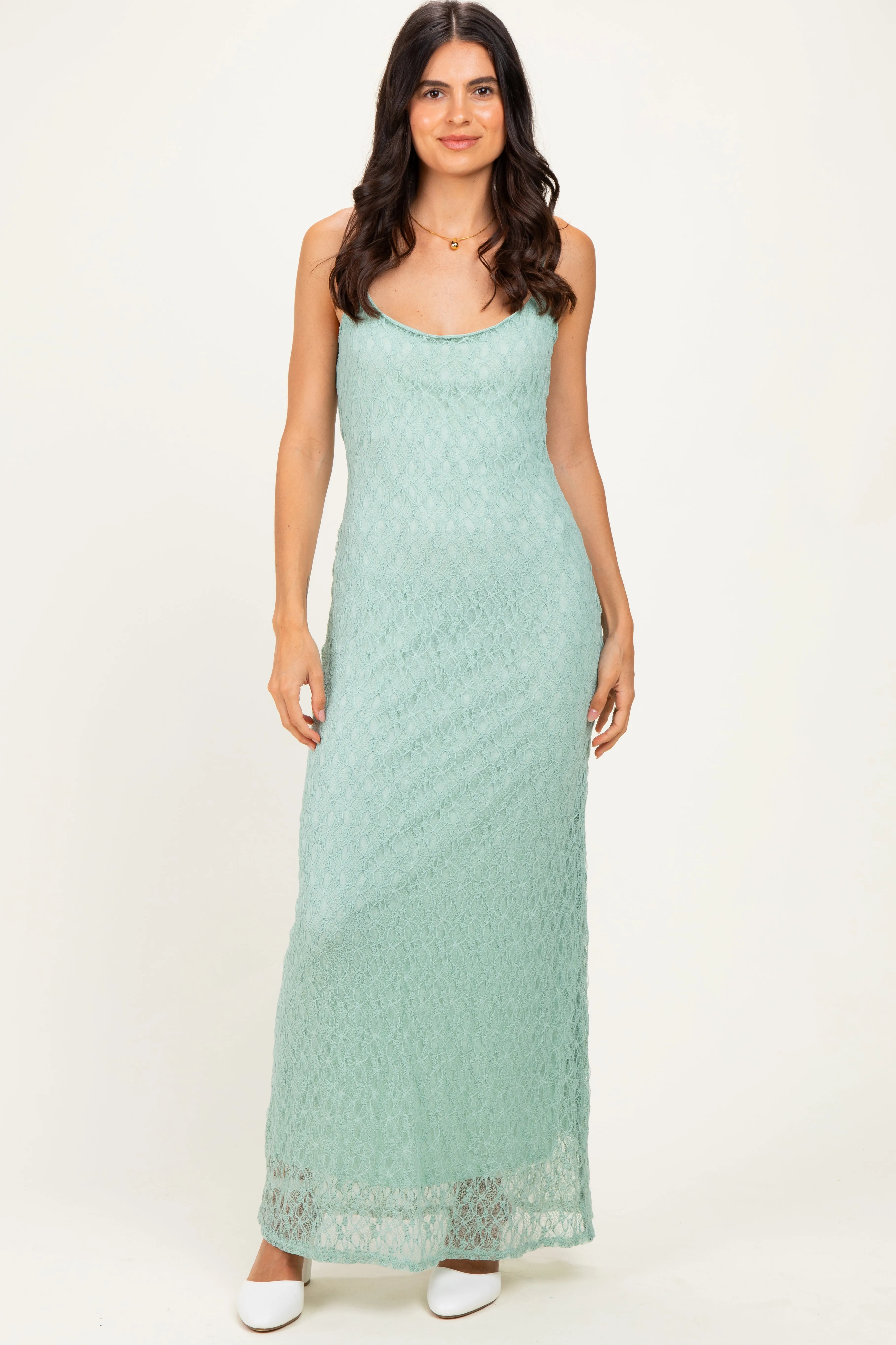 Sage Sleeveless Lace Square Neck Maxi Dress sold by Pinkblush