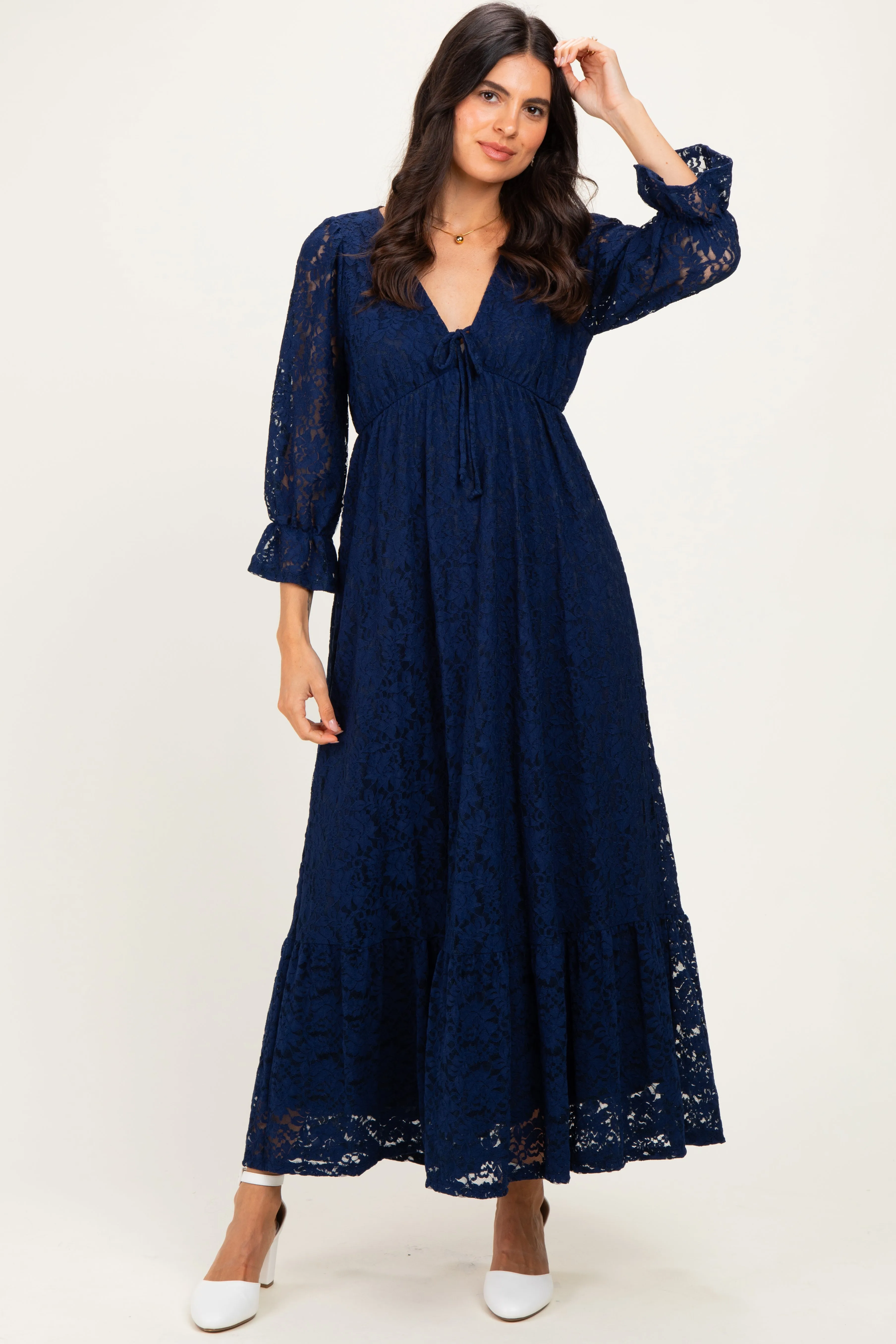 Navy Floral Lace 3/4 Ruffle Sleeve V-Neck Maxi Dress sold by Pinkblush product image thumbnail 2