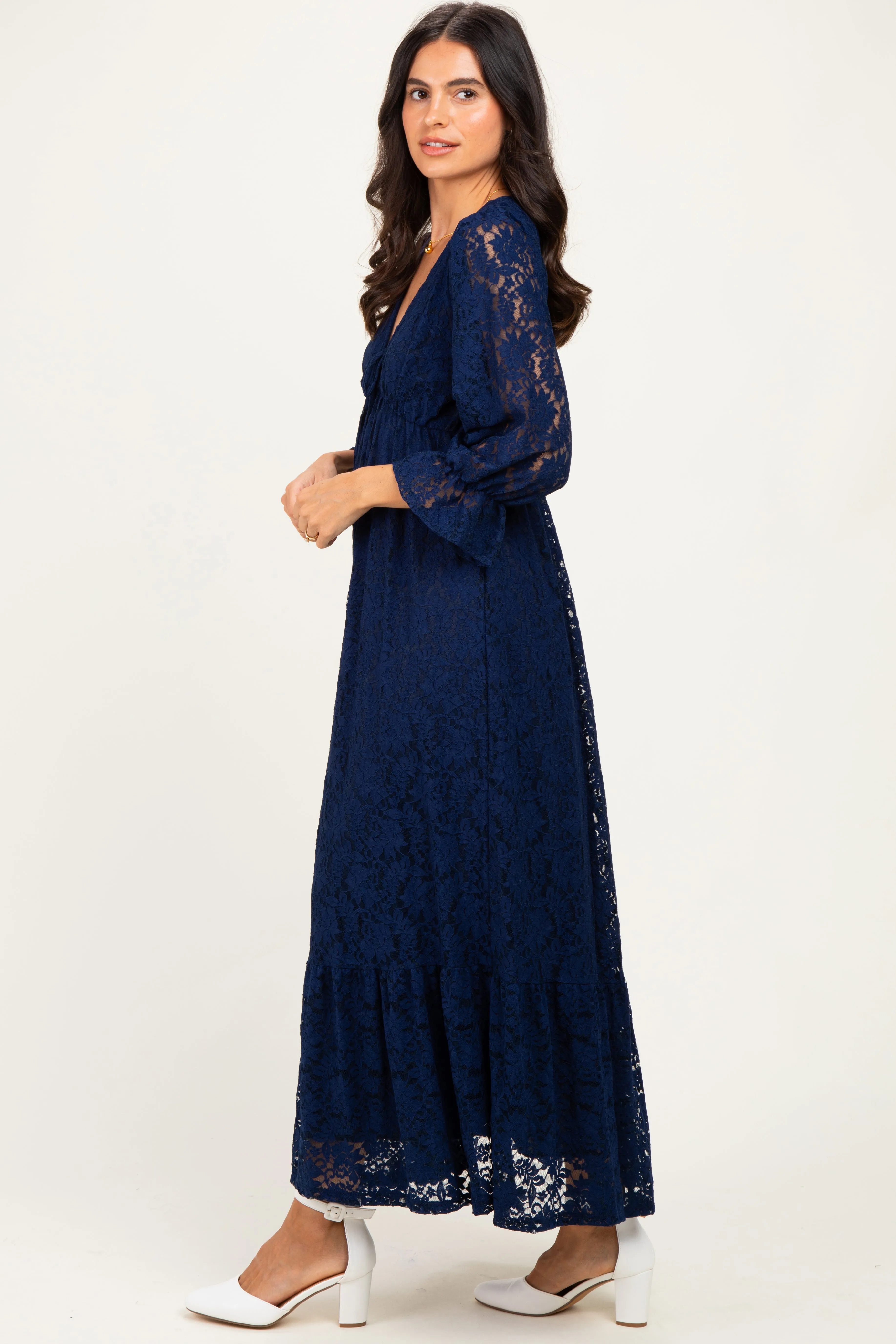 Navy Floral Lace 3/4 Ruffle Sleeve V-Neck Maxi Dress sold by Pinkblush product image thumbnail 3