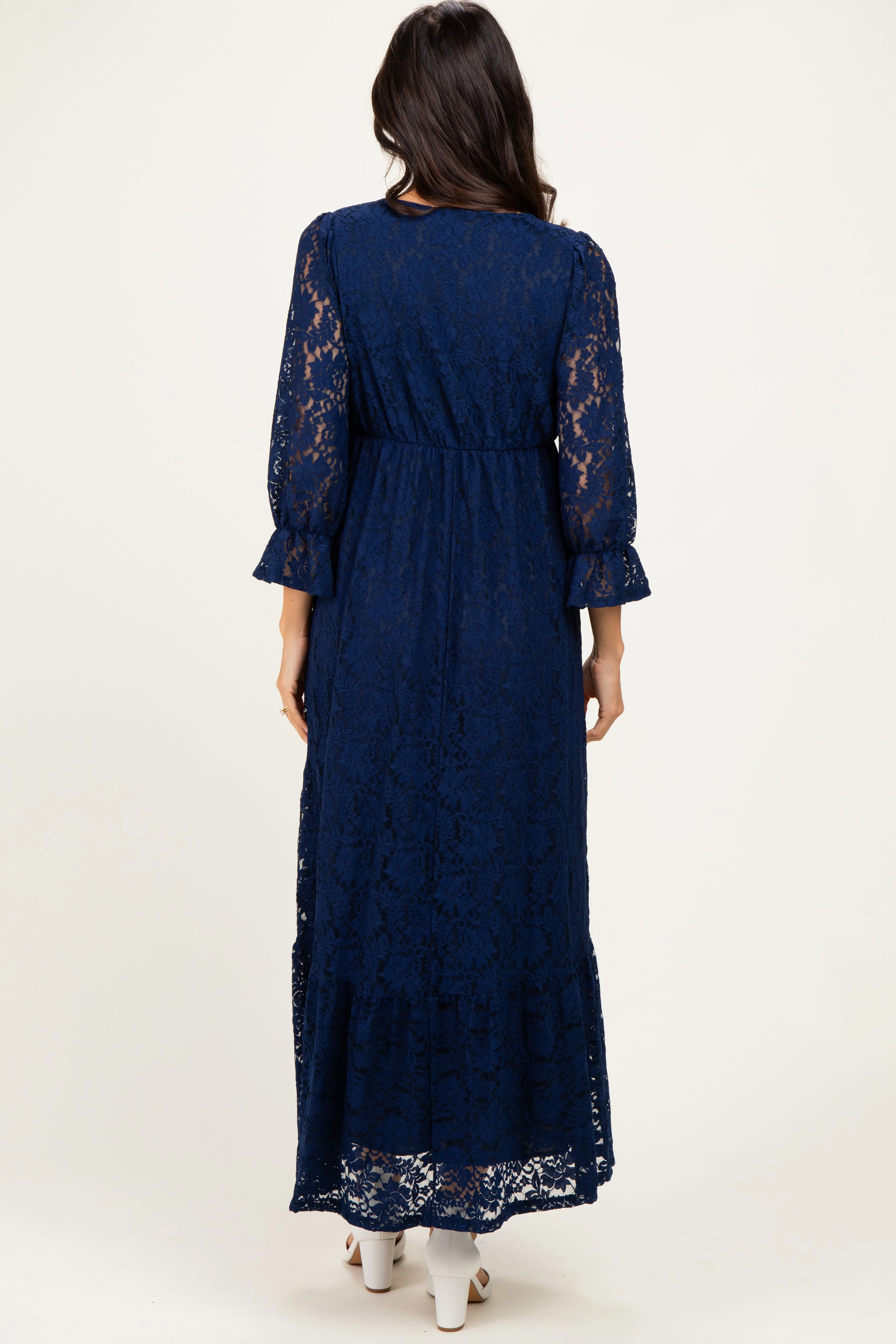 Navy Floral Lace 3/4 Ruffle Sleeve V-Neck Maxi Dress sold by Pinkblush product image thumbnail 4