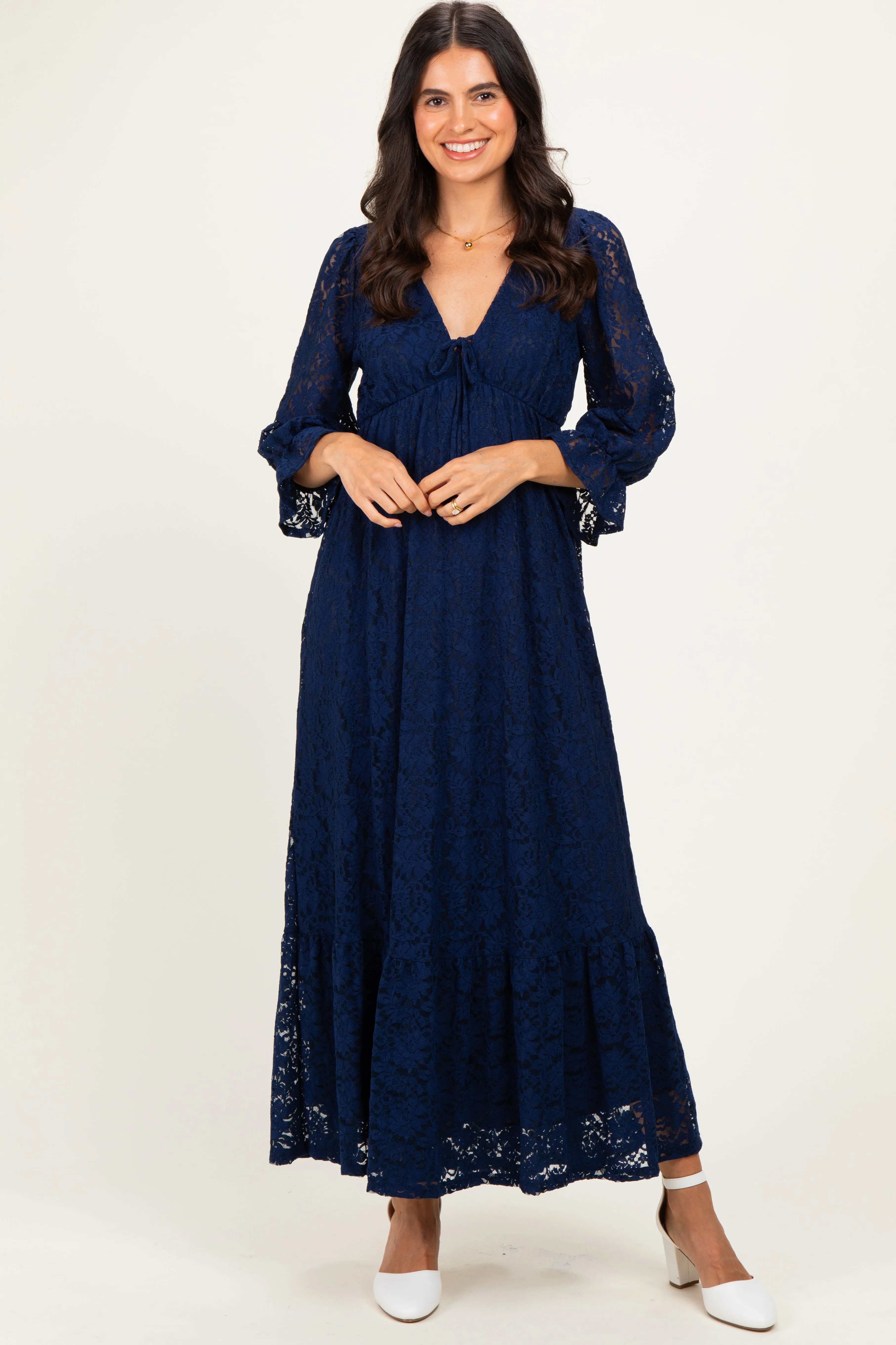 Navy Floral Lace 3/4 Ruffle Sleeve V-Neck Maxi Dress sold by Pinkblush
